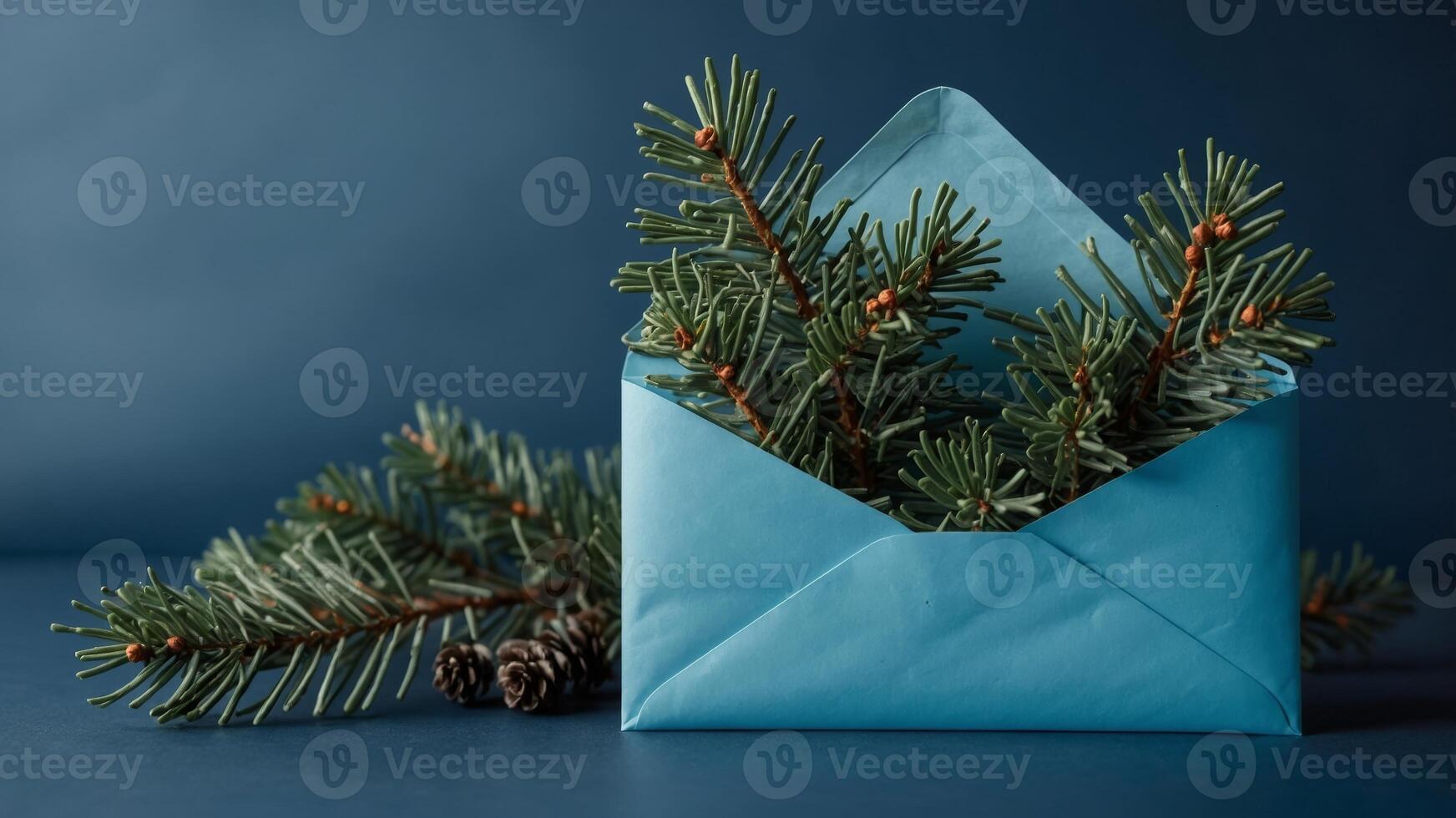 Festive paper envelope with spruce branches on blue background. photo