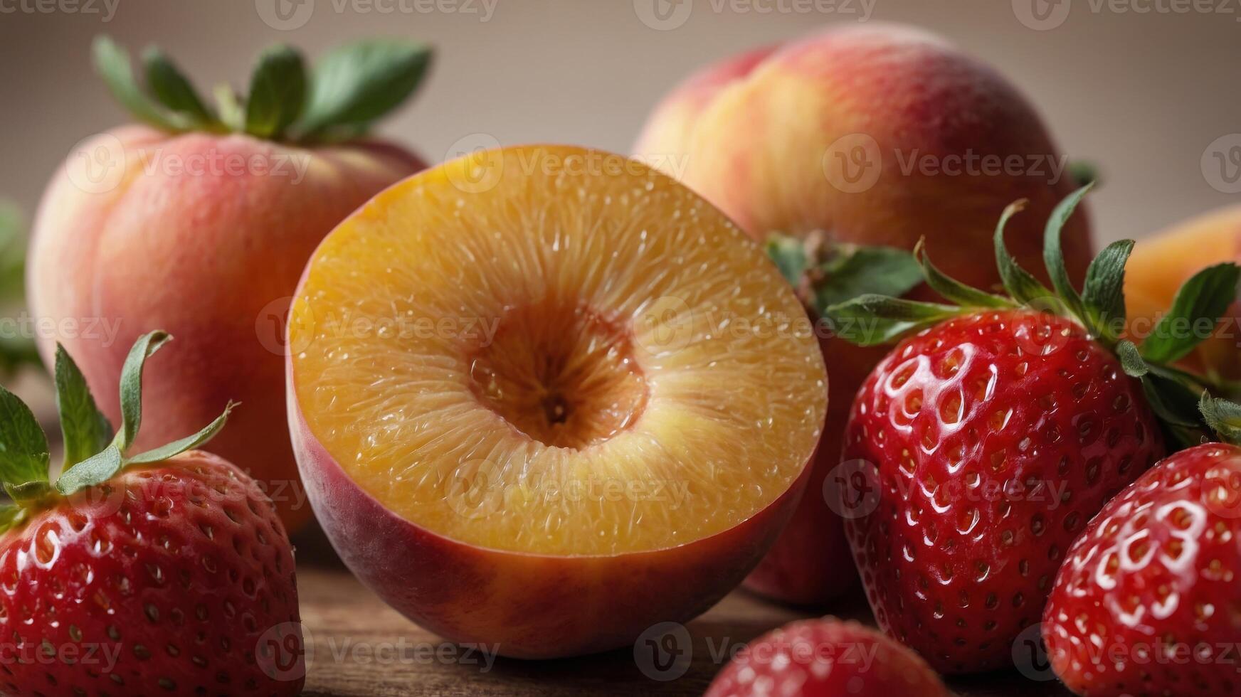 concept eating healthy and fruit Fresh close-up background, peach a on strawberry Halved. photo