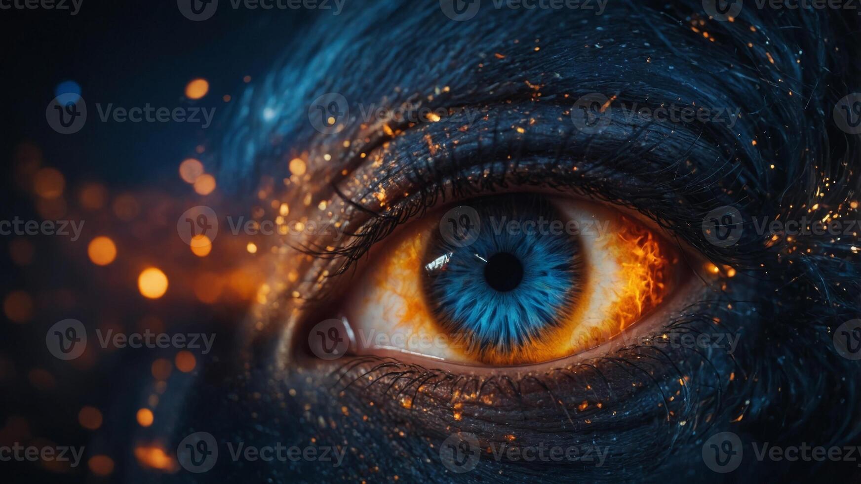 background the in stars and fire with eye blue a of up close A. photo