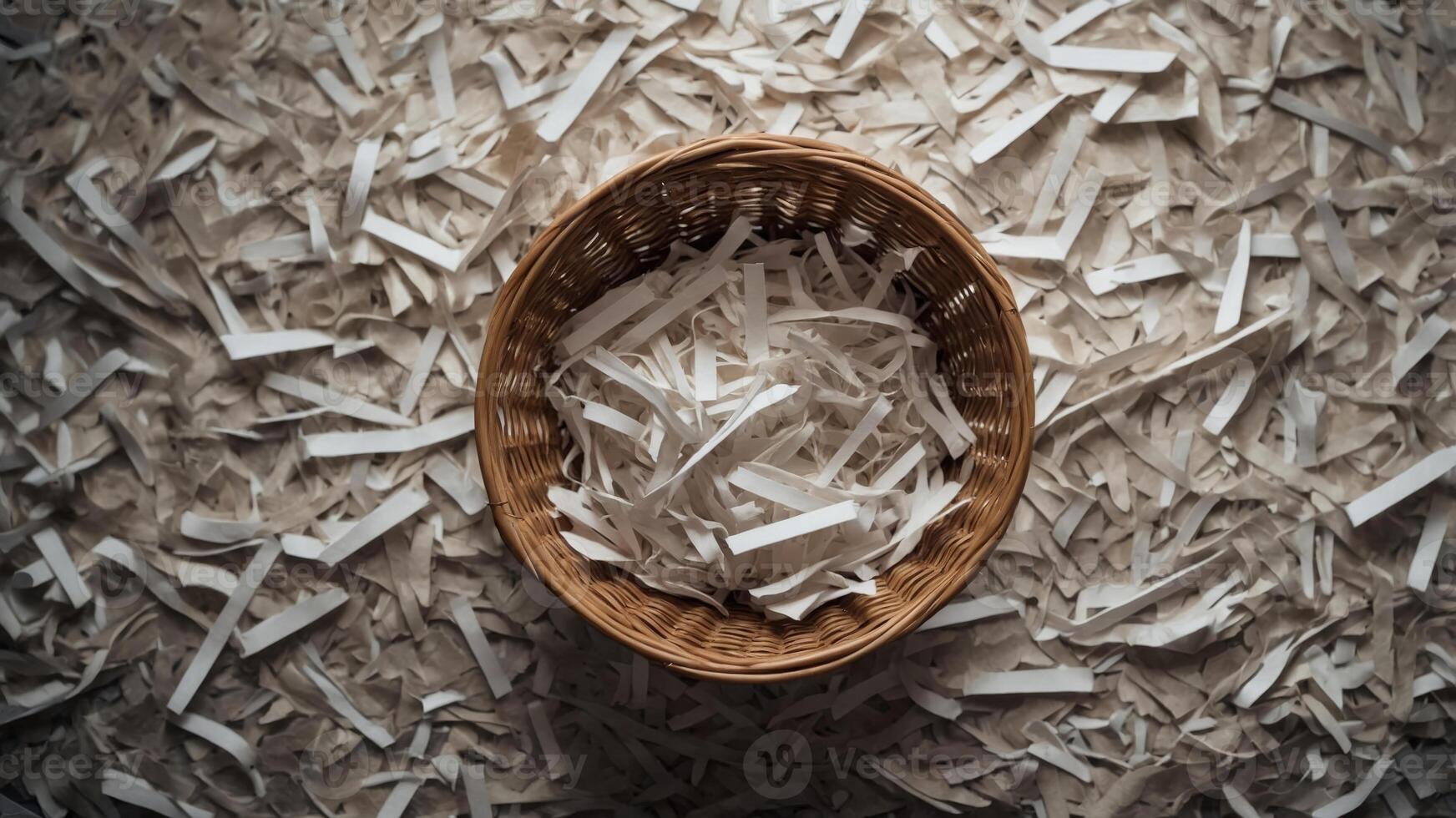 Blank shredded paper strips in basket from top view. photo