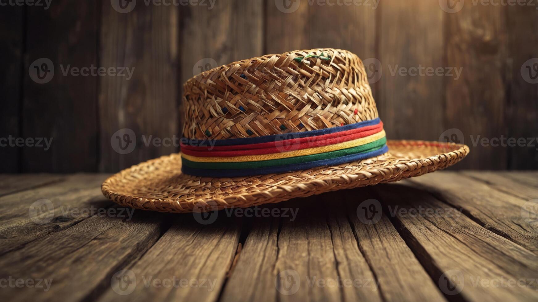Brazilian Festa Junina concept with wicker hat on a wooden background providing ample copy space image. photo