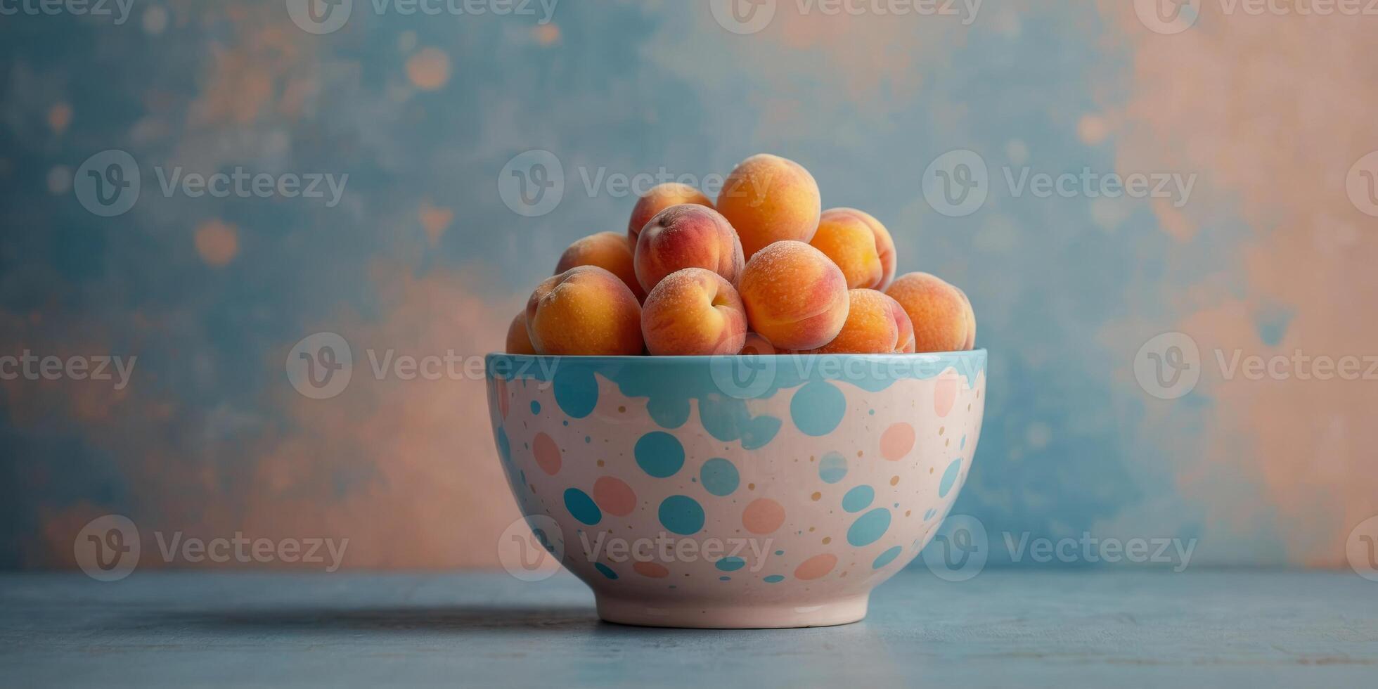 Abstract background with one empty bowl in pastel peach and blue with polka dots Copy space. photo