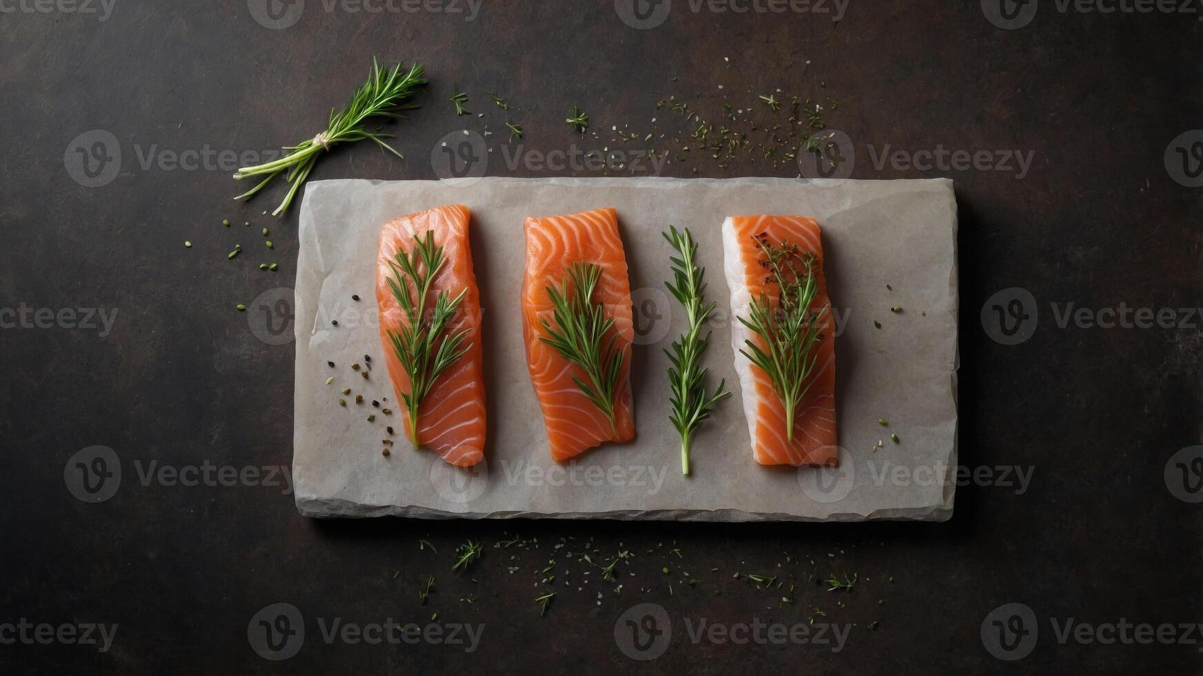 Three different types of raw fish fillets with herbs, culinary preparation concept. photo