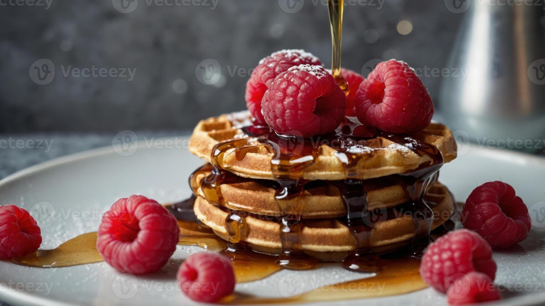 concept breakfast morning syrup, and raspberries with waffles of Stack. photo