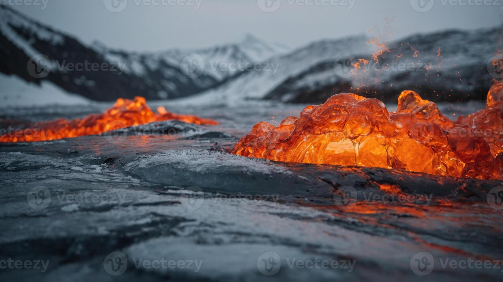Molten lava flowing through ice and snow. photo