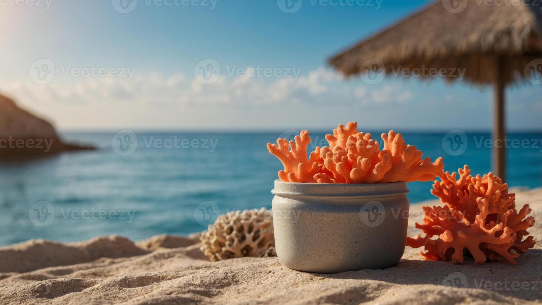 image space copy with scene vibrant and captivating a providing bottles sunscreen and corals sea with background orange An. photo
