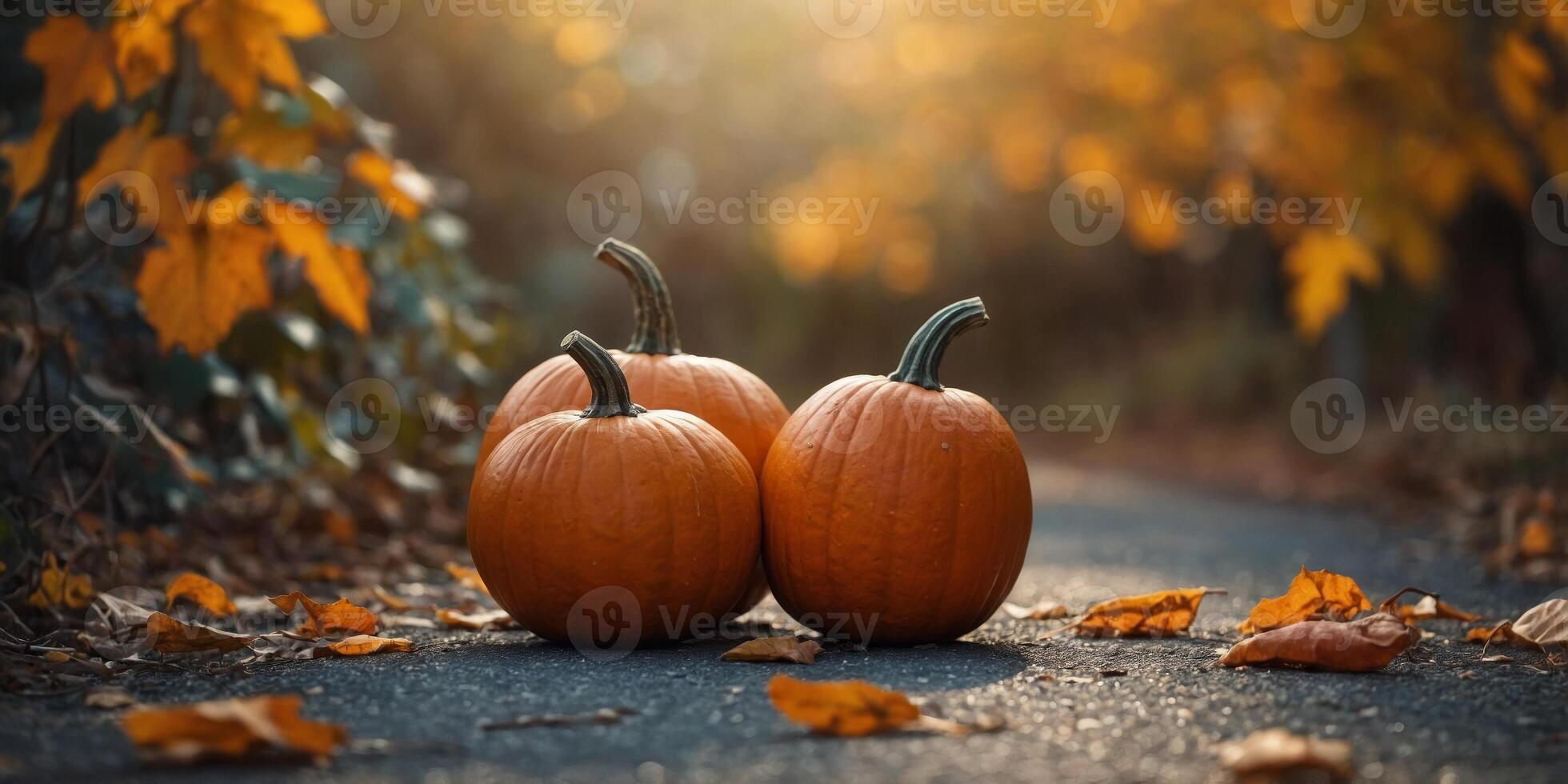 Autumn, festive copy space with pumpkins in natural light Thanksgiving, Halloween banner. photo