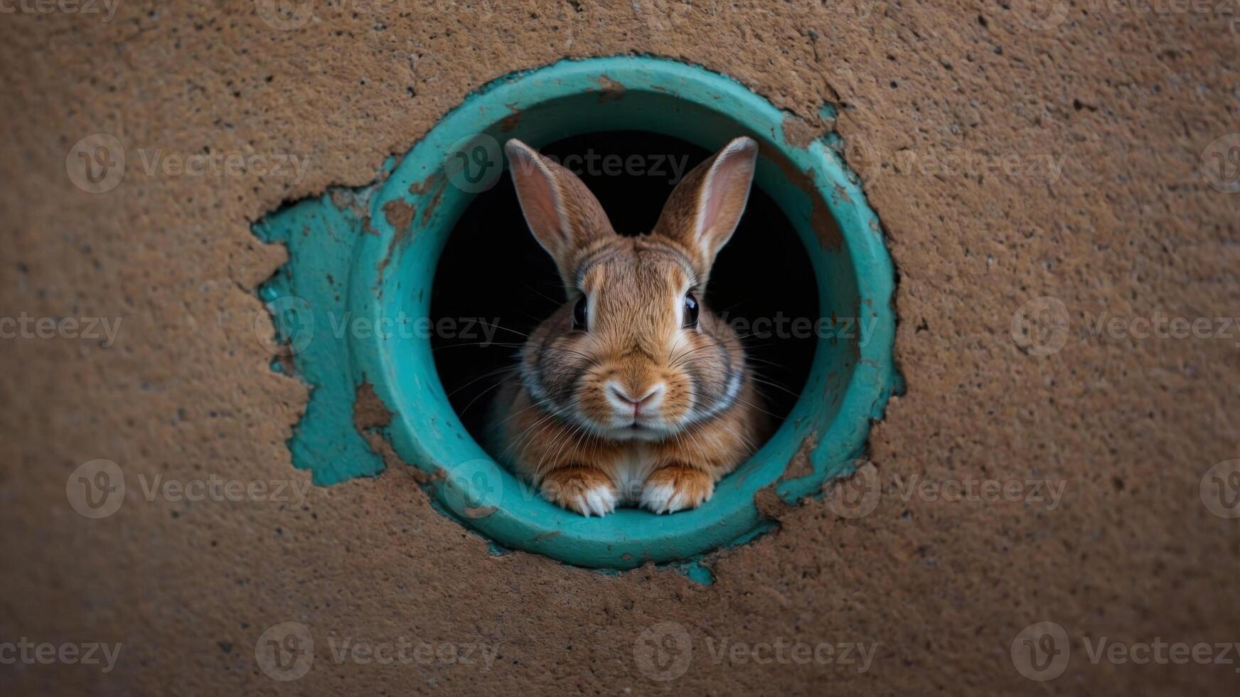 concept curiosity and pet Adorable view close-up hole, turquoise through peeking rabbit brown Cute. photo