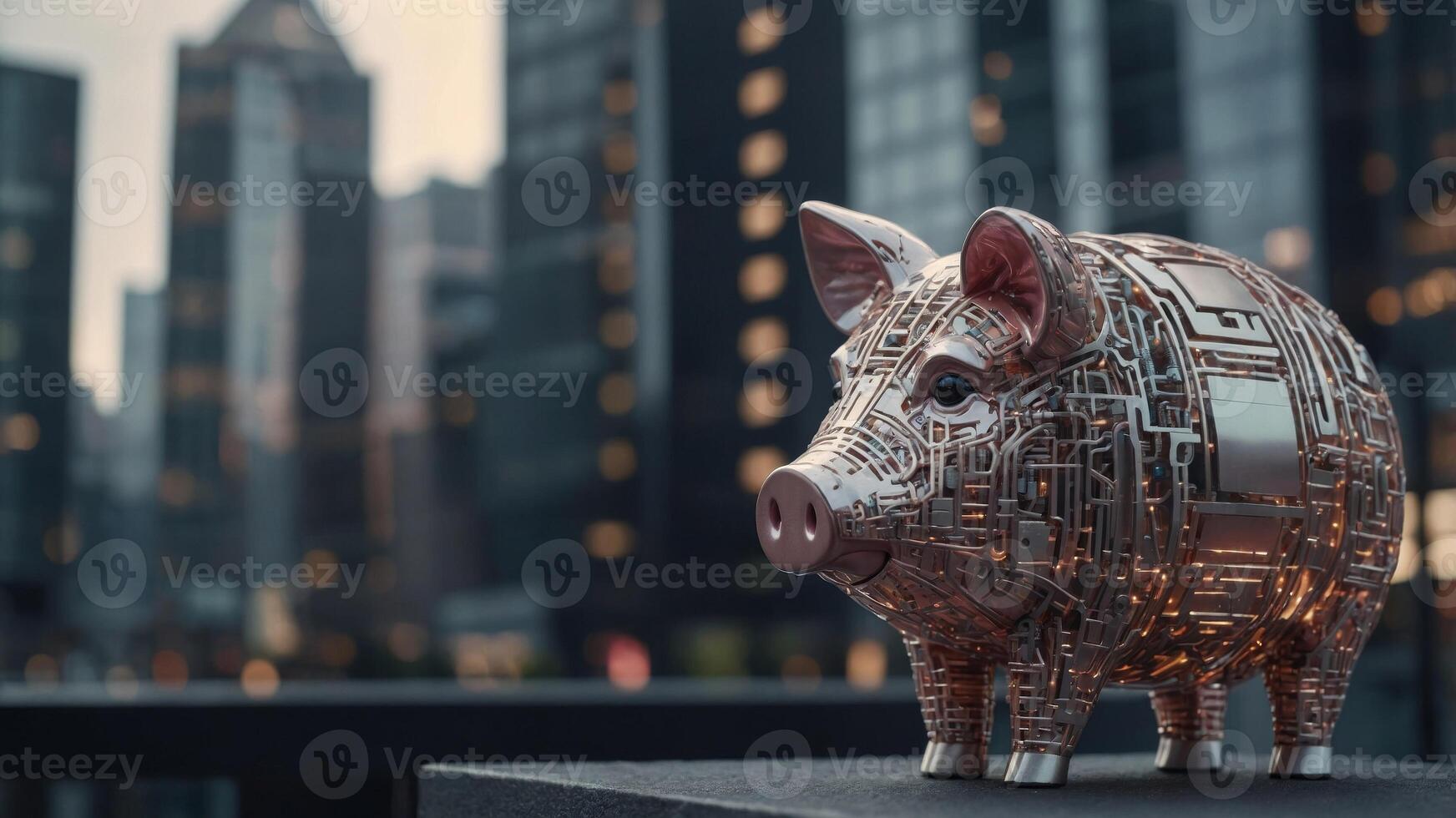 Cybernetic piggy bank with learning algorithms standing in a high tech financial district. photo
