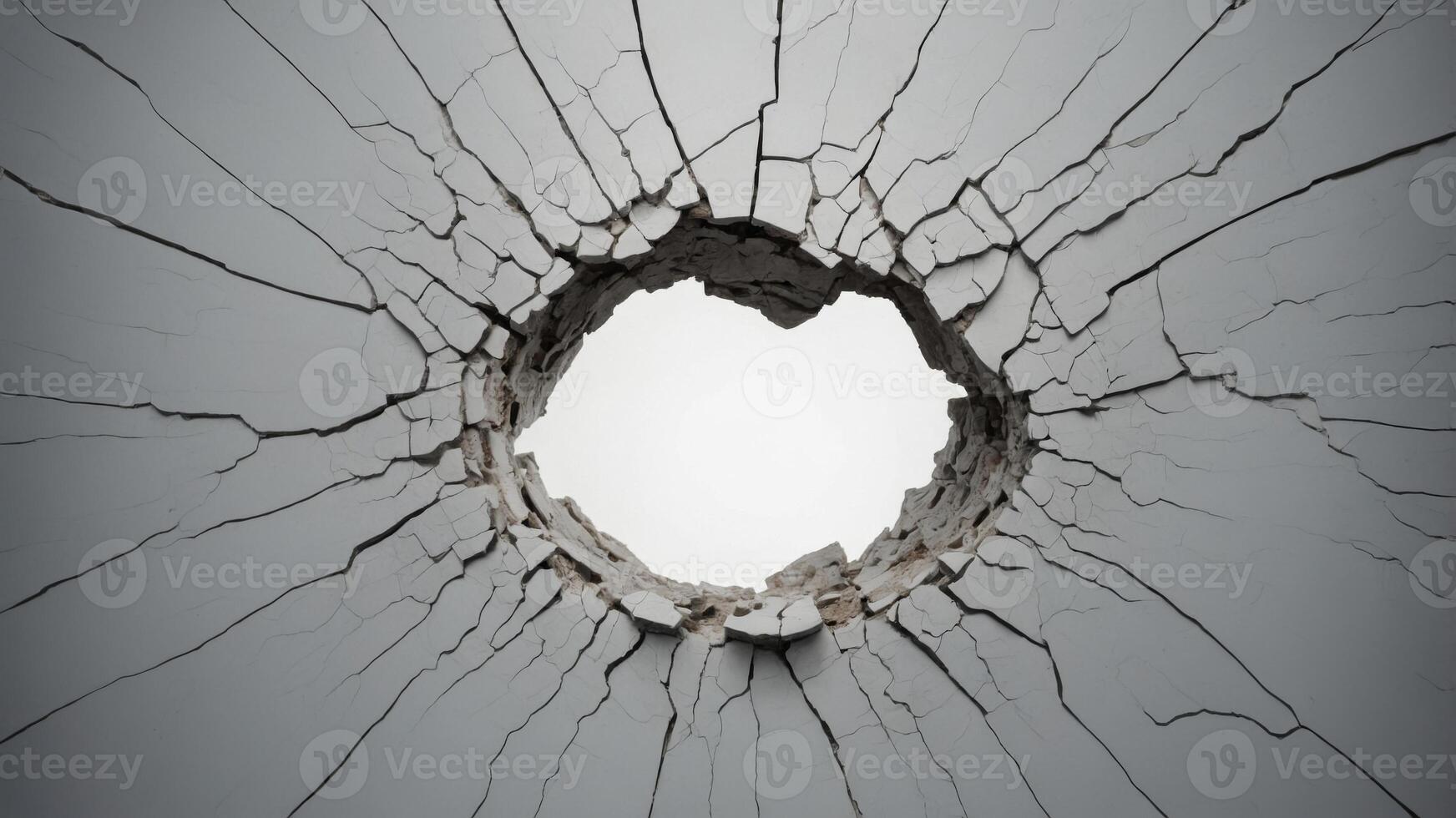 Cracked white surface with large hole, abstract background Destruction and fragility concept. photo