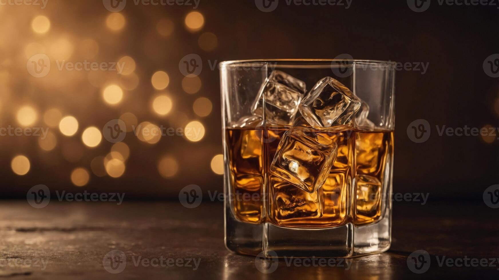 Glass of whiskey with ice cubes on a warm-toned background, studio shot Luxury and relaxation concept. photo