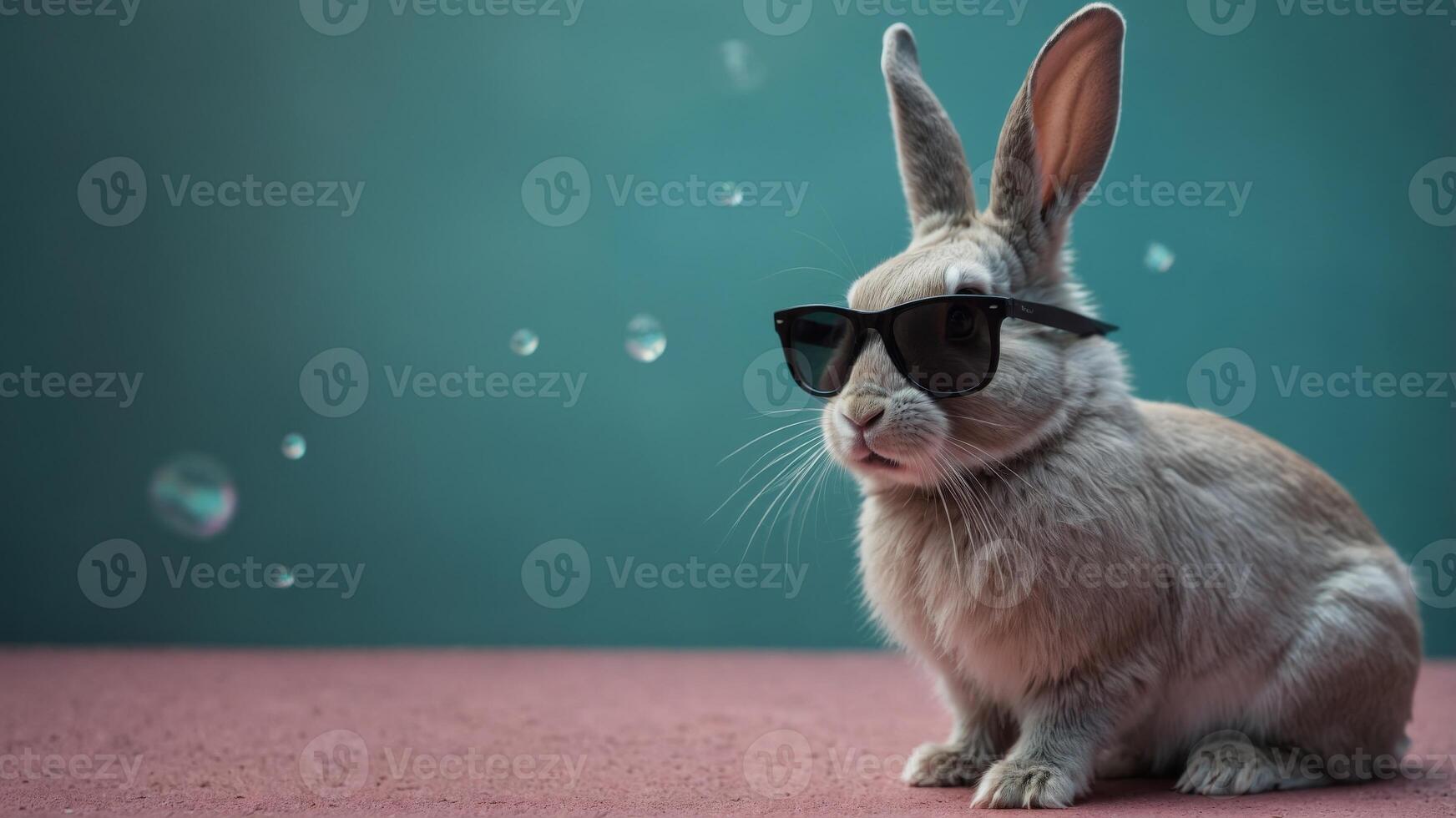 concept animal quirky and fun background, teal on bubblegum blowing sunglasses wearing Rabbit. photo