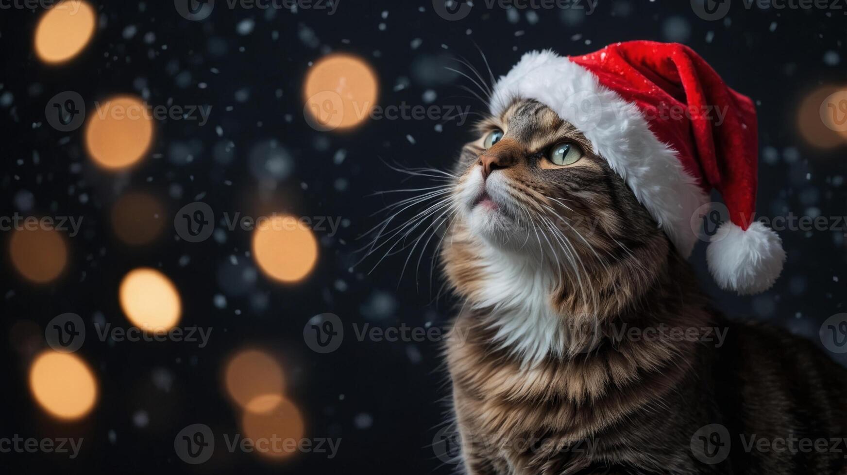 Cat in a Santa hat on a black background with snowflakes. photo