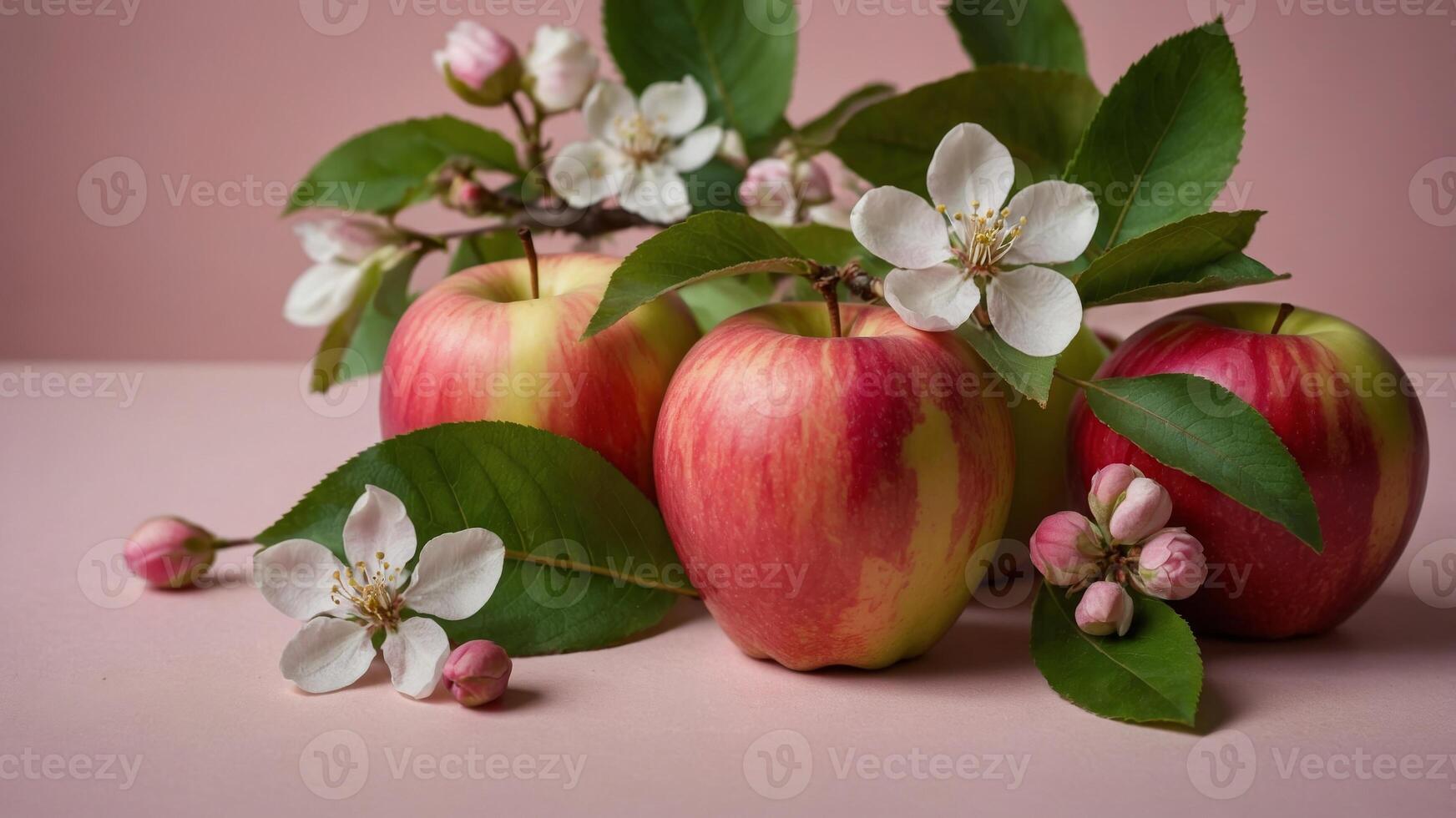 Fresh apples and apple blossoms with leaves on a pink background, vibrant and decorative still life Nature and freshness concept. photo