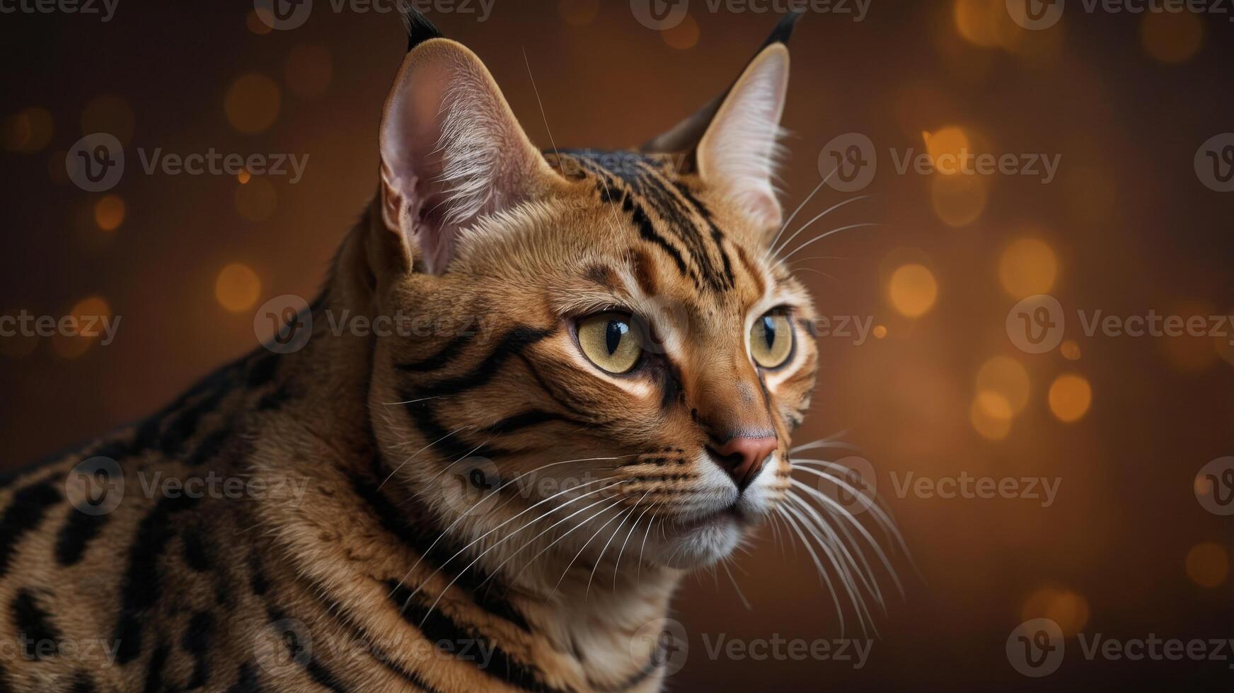 Funny muzzle of a Bengal cat on a brown background. photo