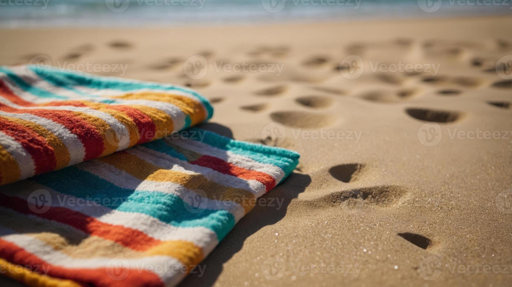 Vibrant Striped Beach Towel on Sunny Sand. photo