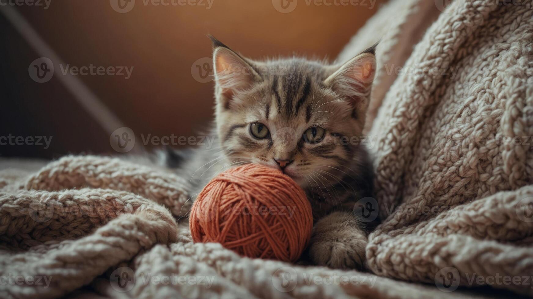 Cute kitten playing with a ball of yarn on a cozy blanket, domestic pet and playfulness concept. photo
