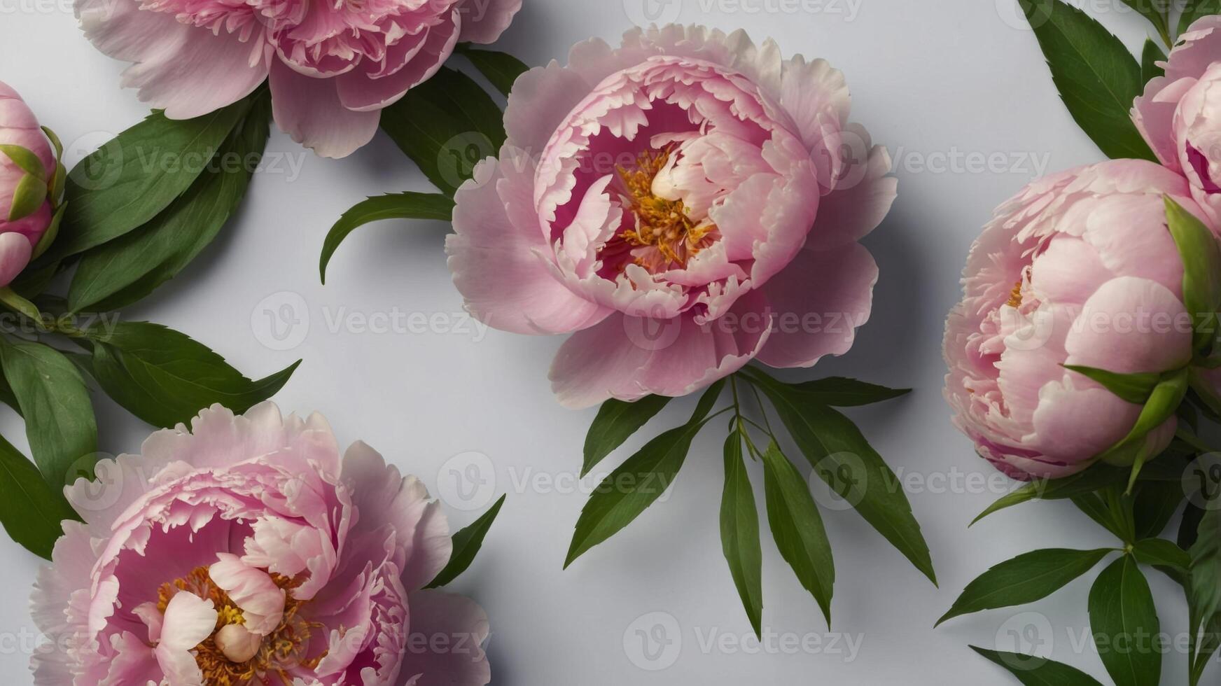 Floral background with pink peonies and green leaves. photo