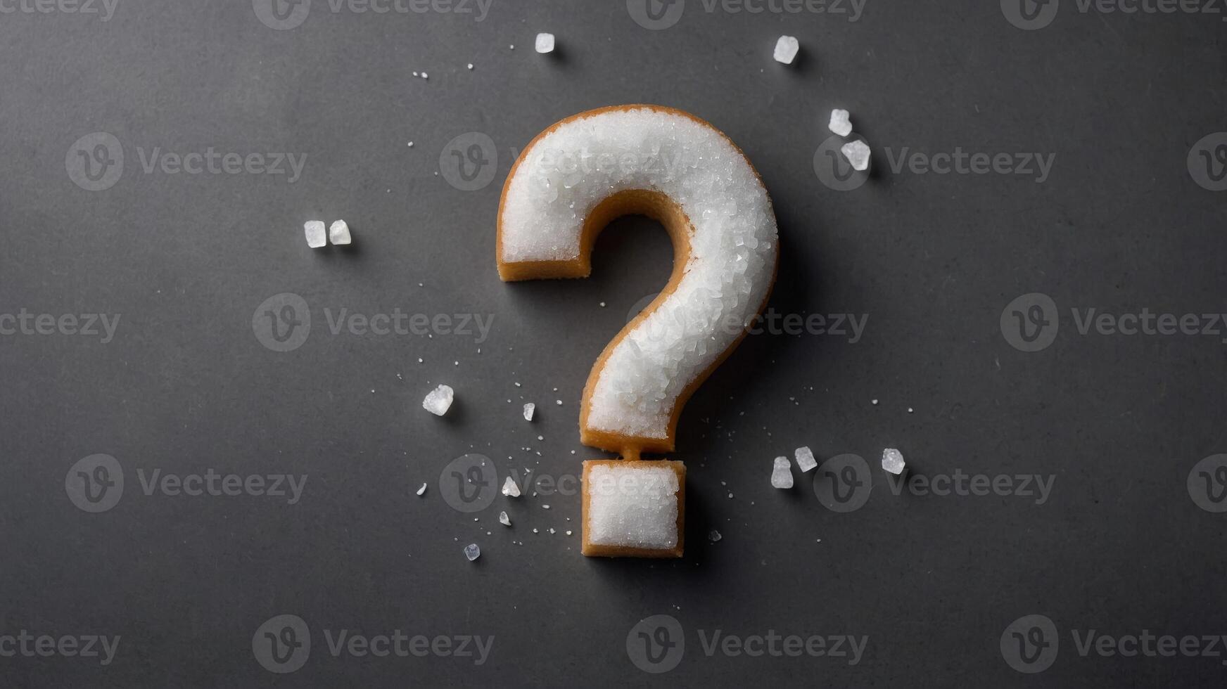 Gray background featuring white sugar and a question mark as a focal point with space for additional graphics. photo