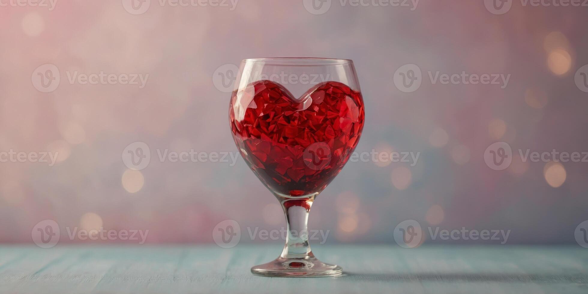 Glass of red heart shaped decoration on pastel background Creative Valentines day composition Flat lay Love and passion concept. photo