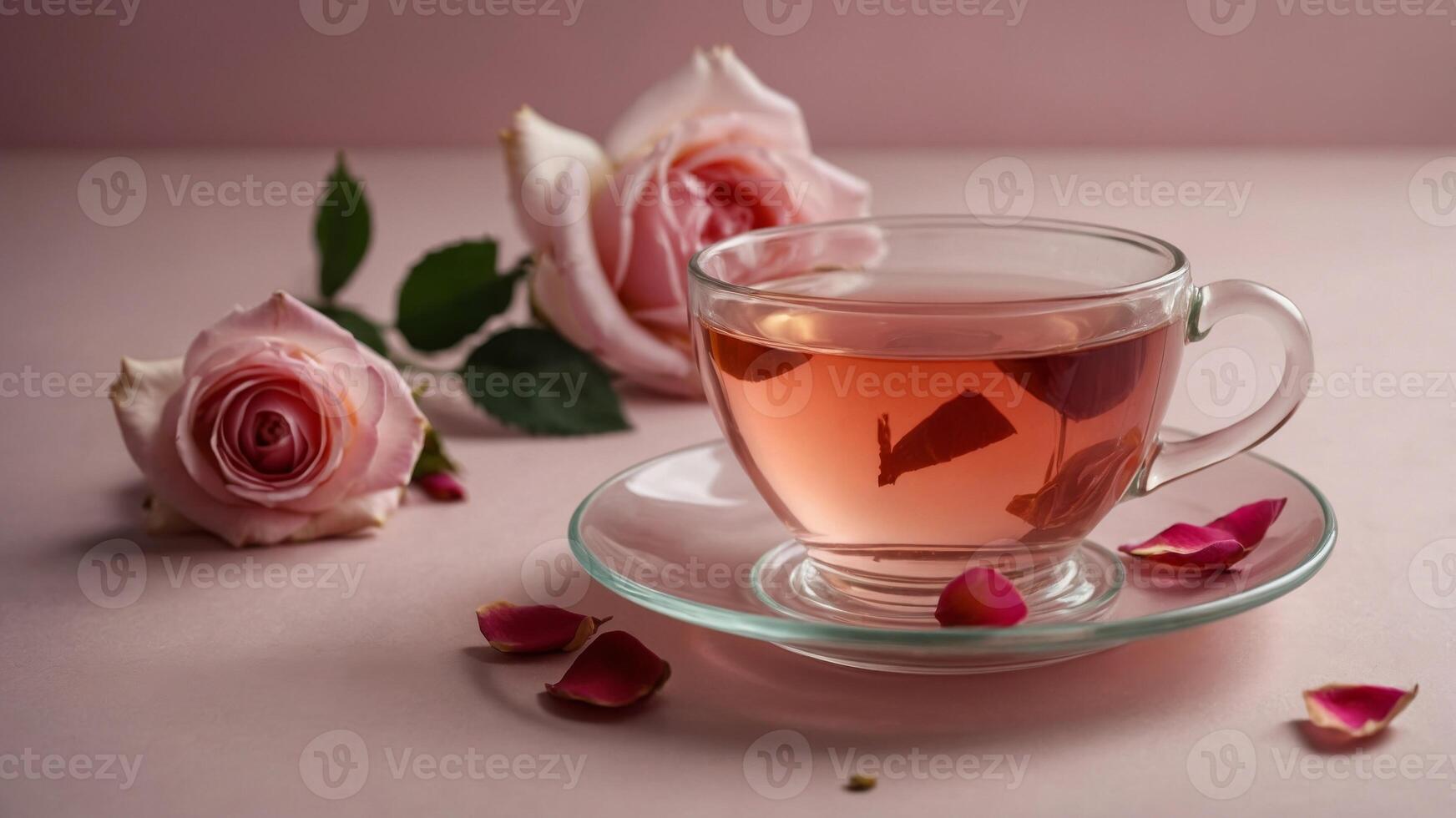 Glass cup of rose herbal tea on a saucer with rose petals on a pink background Aromatherapy and relaxation concept. photo