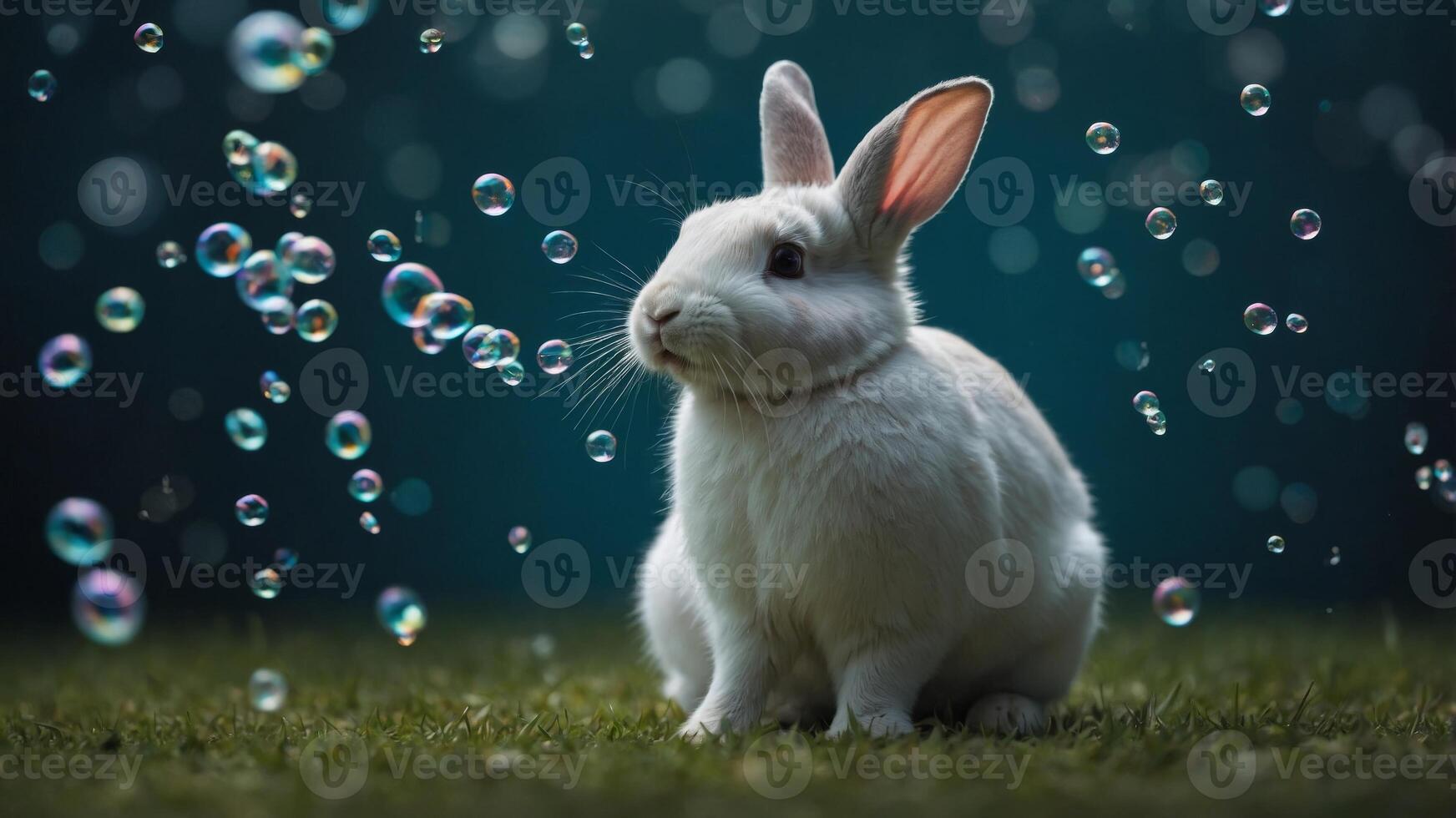 concept animal playful and whimsical background, teal with gum bubble blowing Rabbit. photo