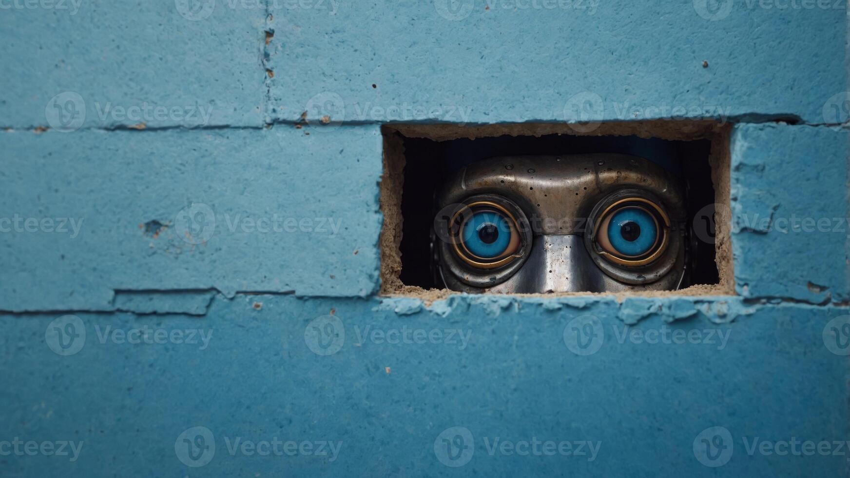 Cute robot peeking out of a hole in blue wall, empty copy space frame. photo