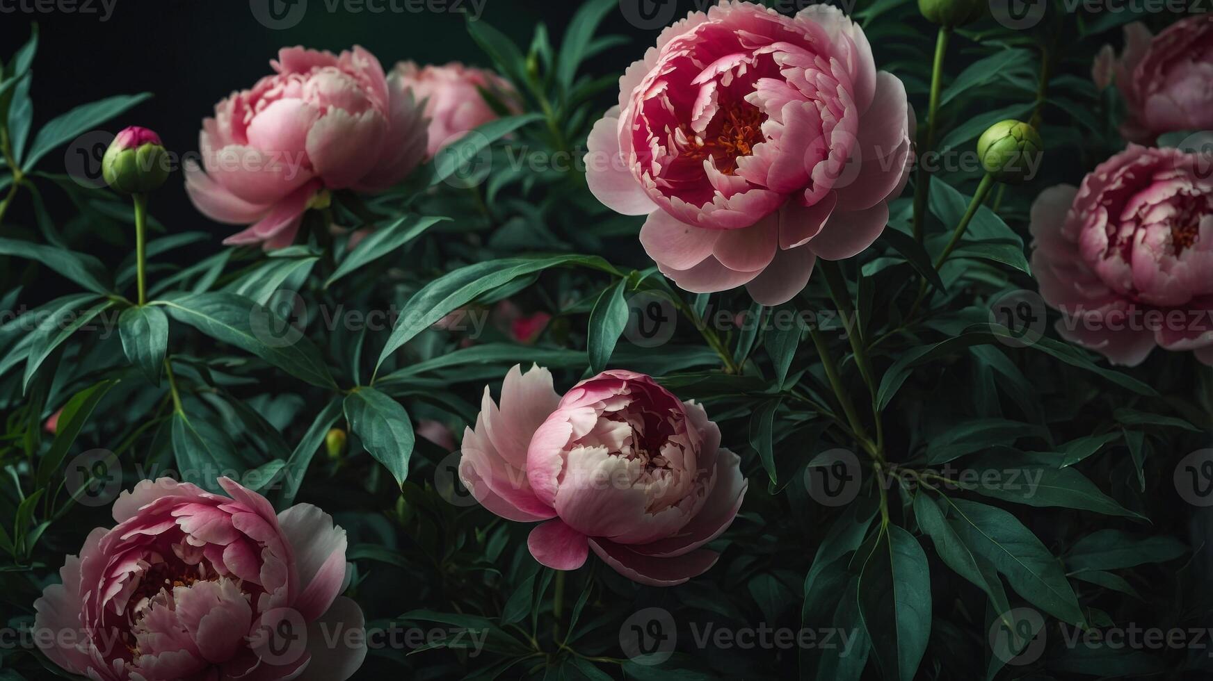 concept flora and Nature view top leaves, green dark with peonies vibrant of Close-up. photo