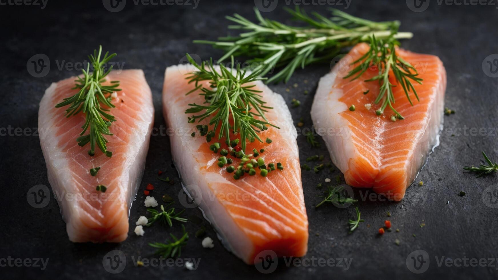 Three different types of raw fish fillets with herbs, culinary preparation concept. photo