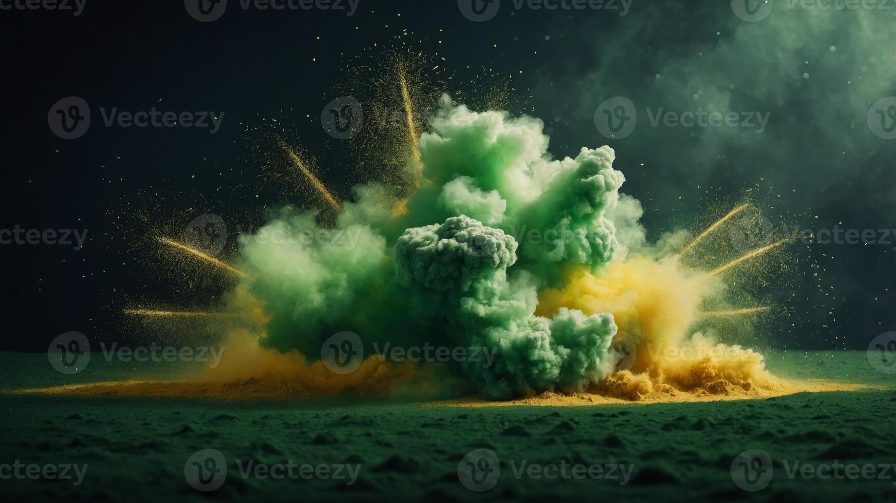 Explosive clouds of green and yellow dust with sparkling particles. photo