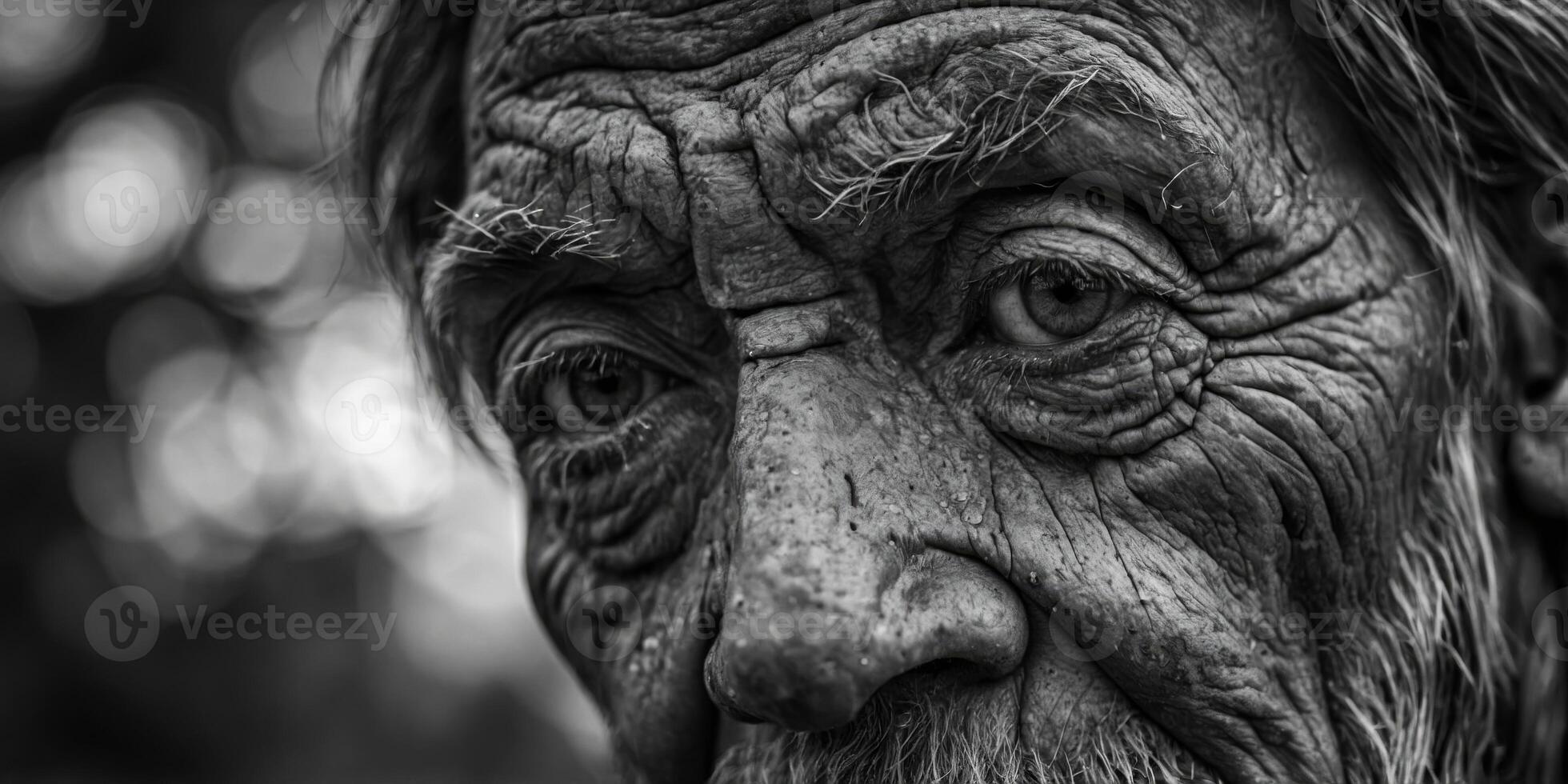A closeup of a weathered face lined with wrinkles and defined by years of working outdoors Black and white art. photo