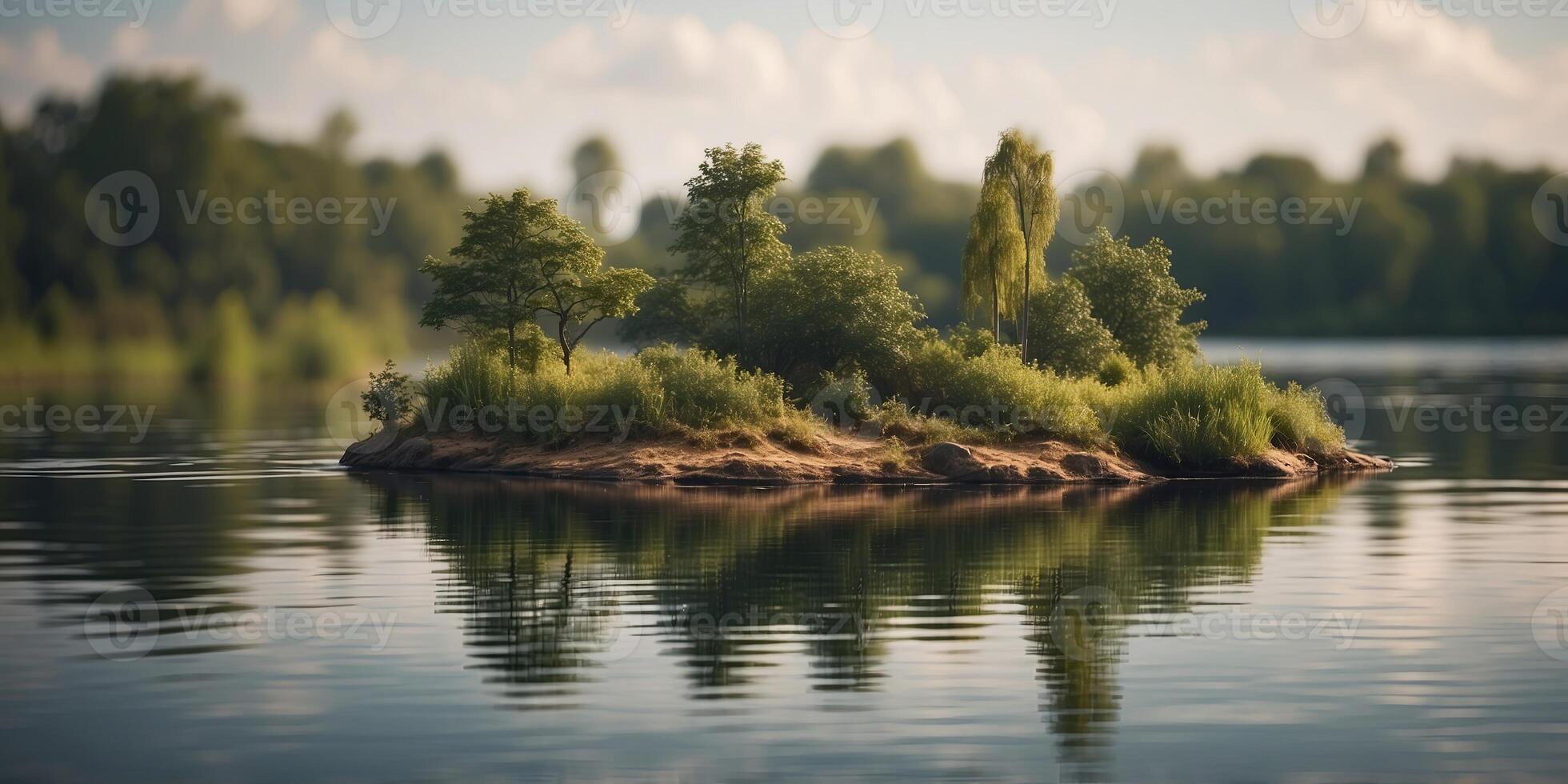 A natural pond with a small island in the center covered in dense vegetation that serves as a natural filtration system for the surrounding water. photo