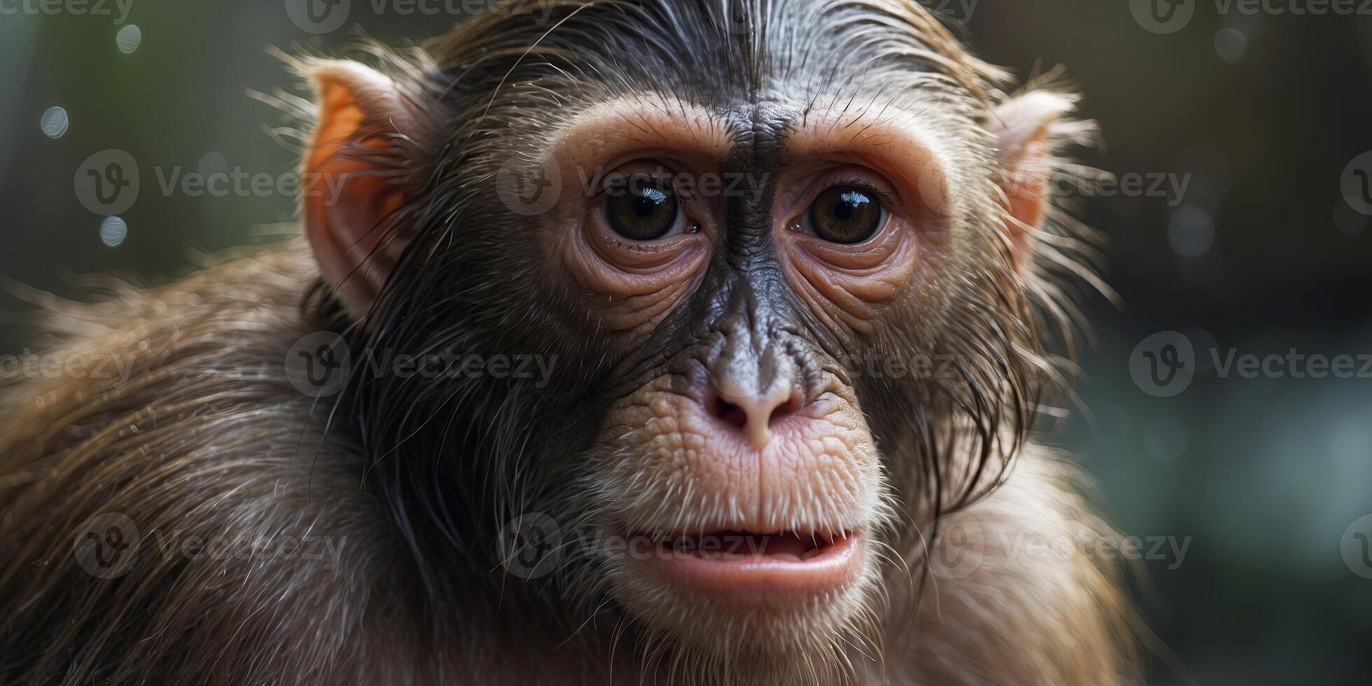 Close-up of a wet monkey-like creature with big ears and sharp teeth. photo