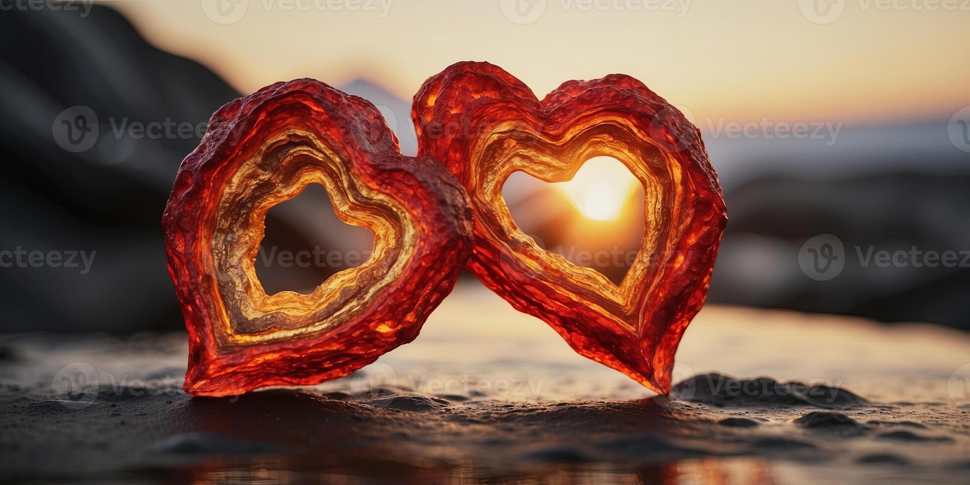 An elegant watercolor composition of a heart-shaped lava frame the passionate flow of molten rock in vivid red and gold. photo