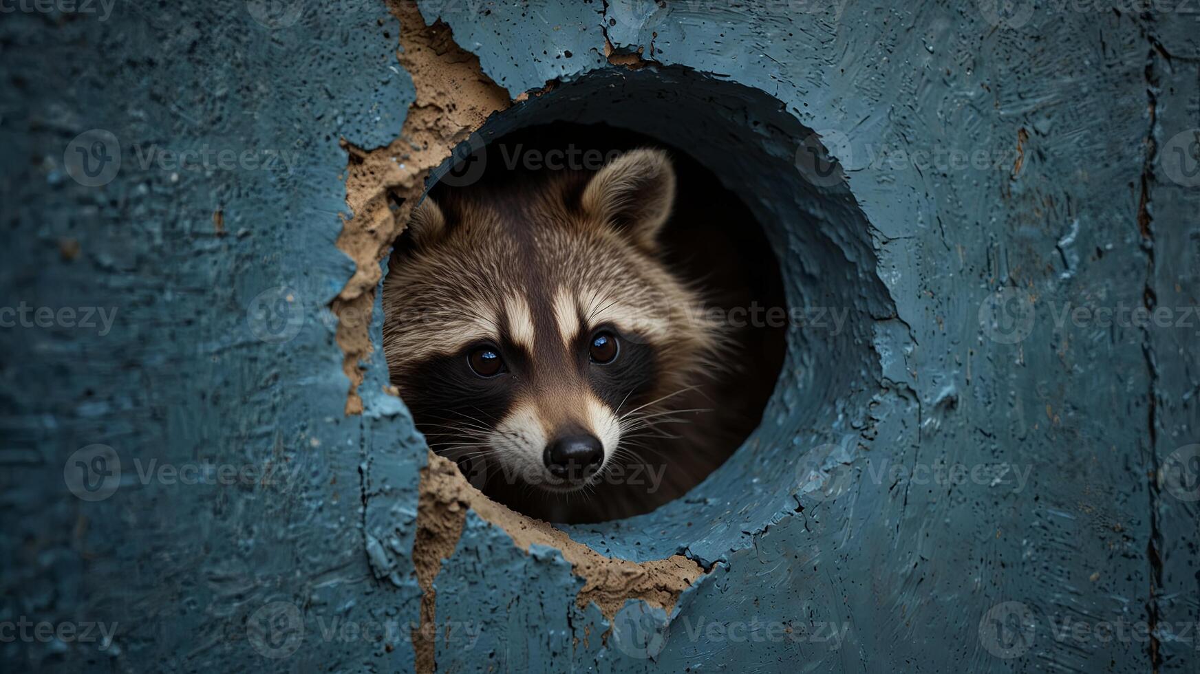 Curious raccoon peeking through a round hole in a blue wall, close-up view Animal curiosity concept. photo