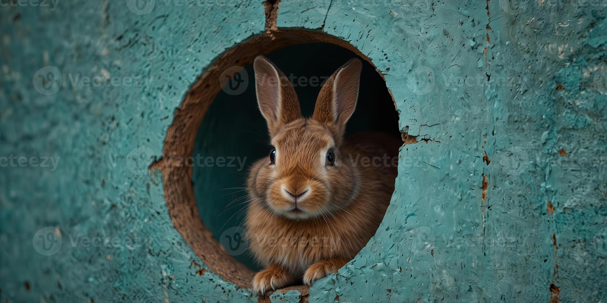 Cute brown rabbit peeking through a circular hole in a turquoise wall. photo