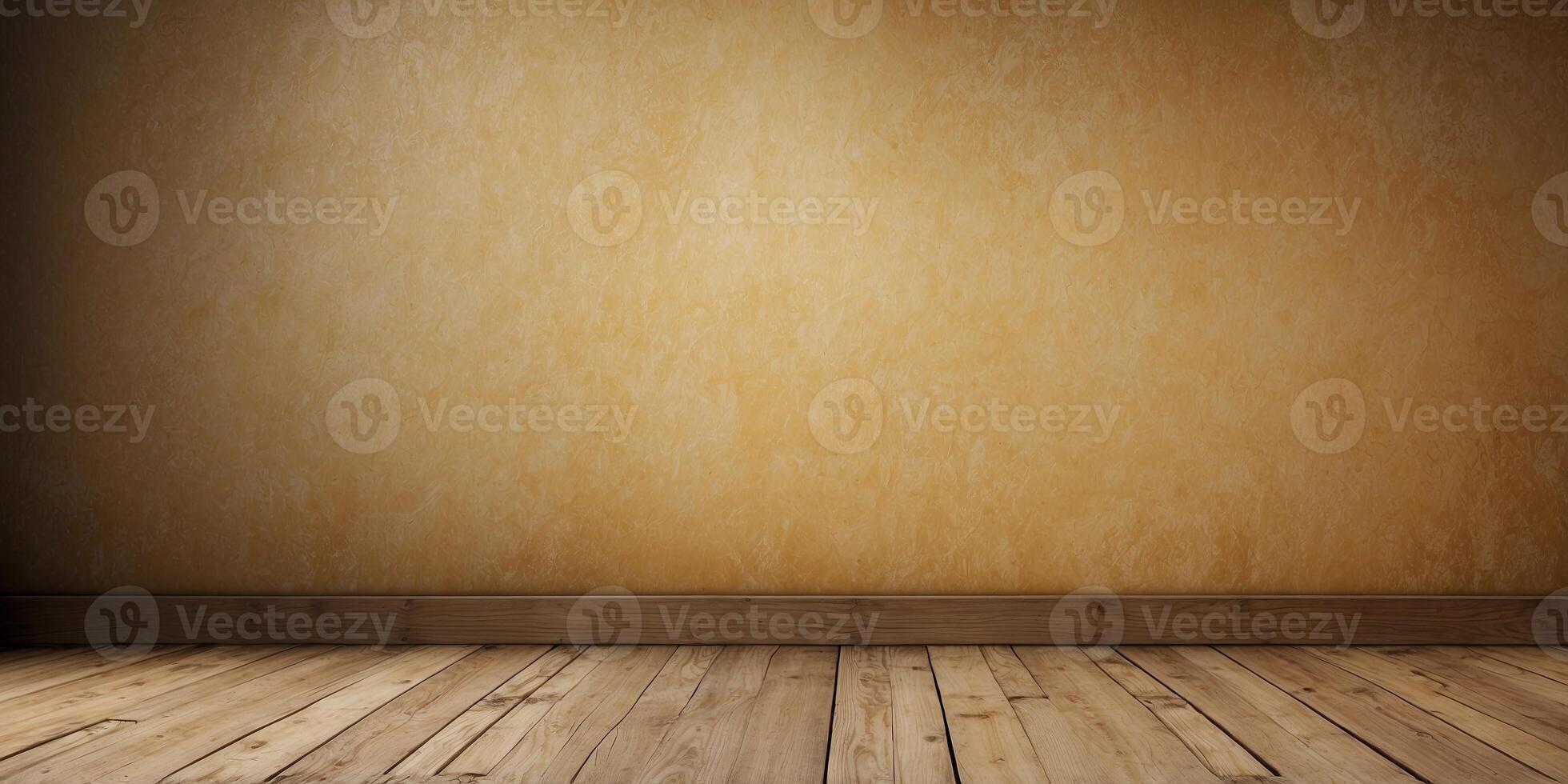 empty old grungy vintage yellow wall with wooden floor background with copy space. photo