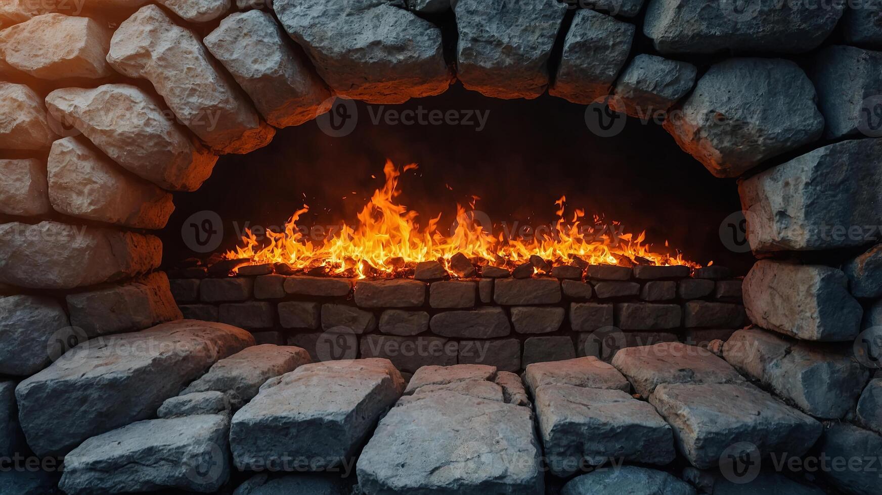 Fiery hole in stone wall with blazing flames, dramatic and intense atmosphere concept. photo