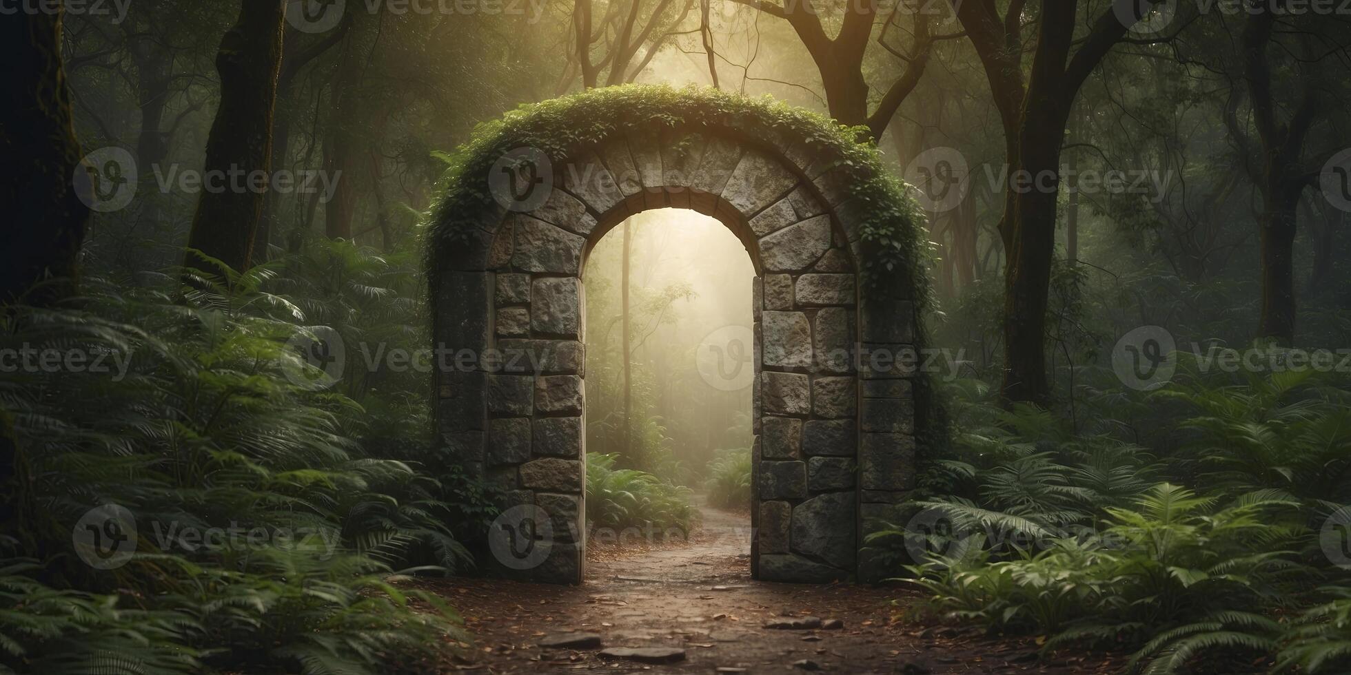 Stone door in a middle of one lush forest. photo