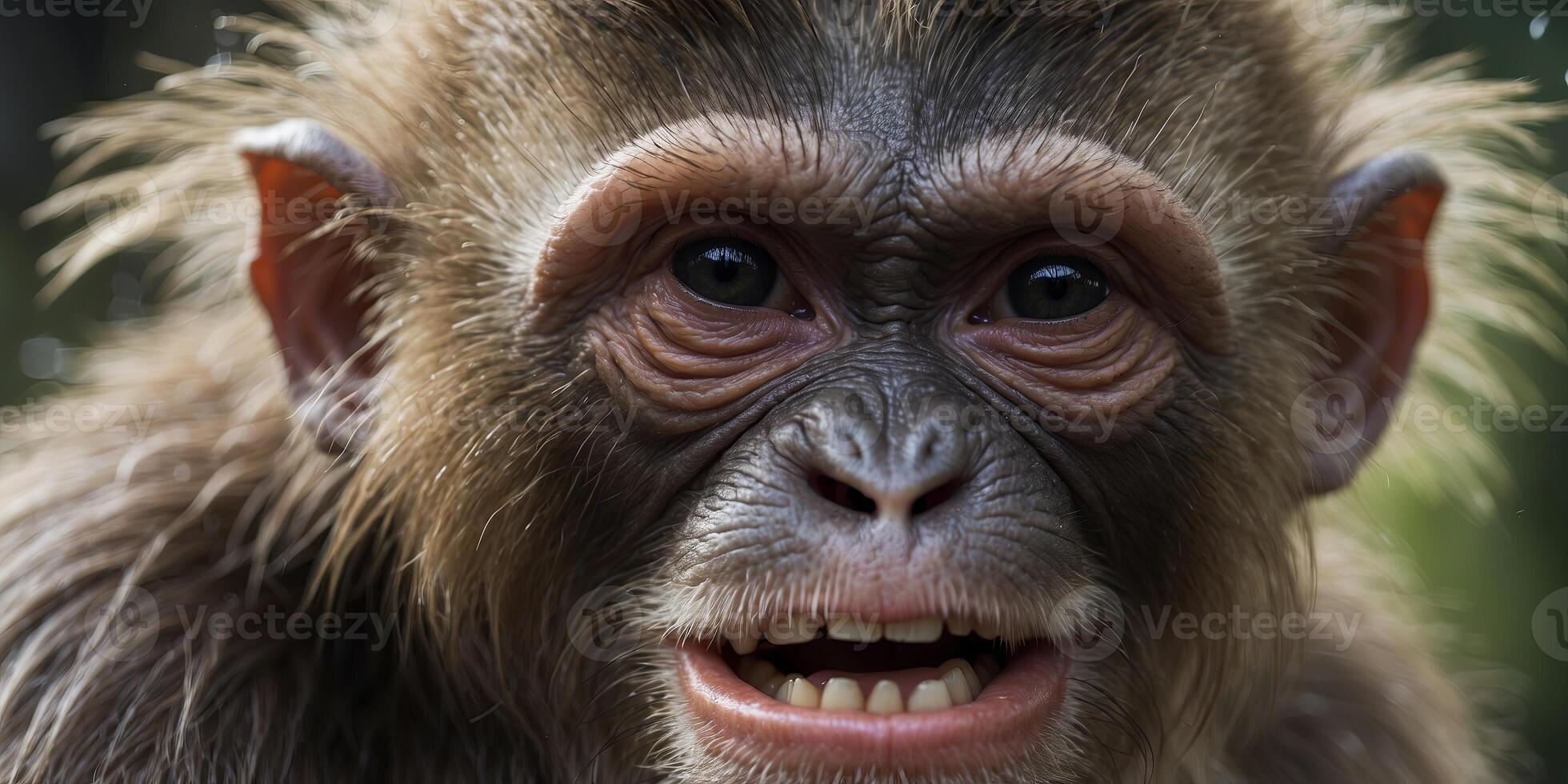 Close-up of a wet monkey-like creature with big ears and sharp teeth. photo