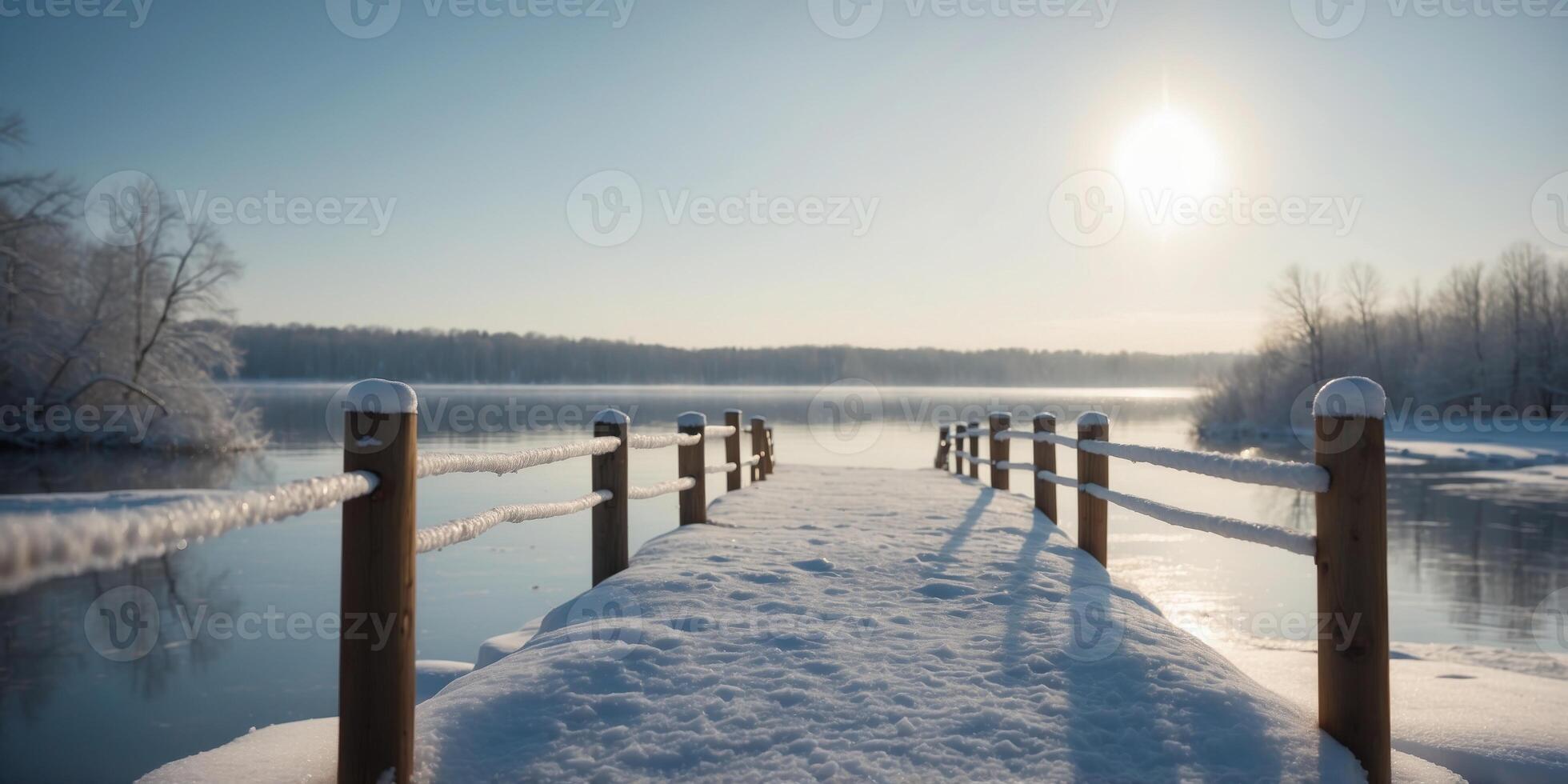 A snowcovered dock stretches out over the frozen lake inviting adventurous swimmers to take a dip. photo
