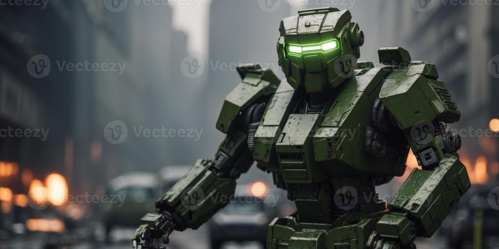 A green mechwarrior stands in a destroyed city. photo