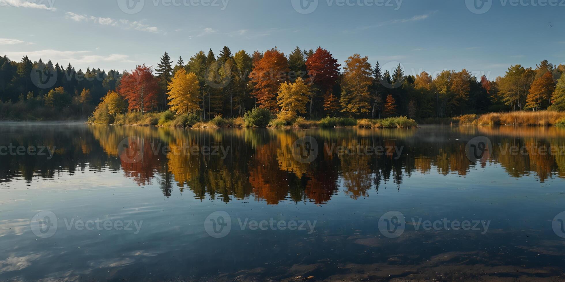 Biei s autumnal pond mirrors the blue sky offering a tranquil scene with potential for copy space image. photo