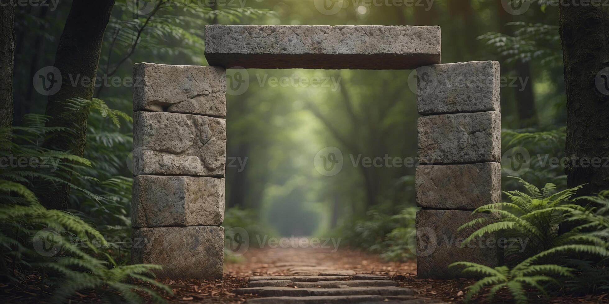 Stone door in a middle of one lush forest. photo