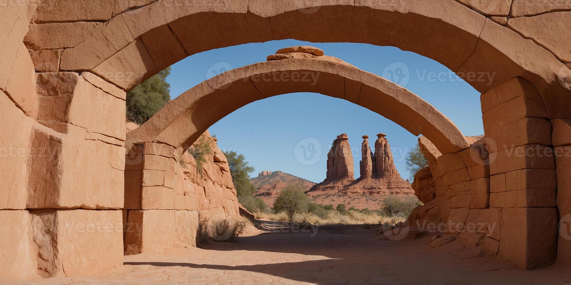 Sandstone archways create a beautiful and symmetrical visual effect. photo