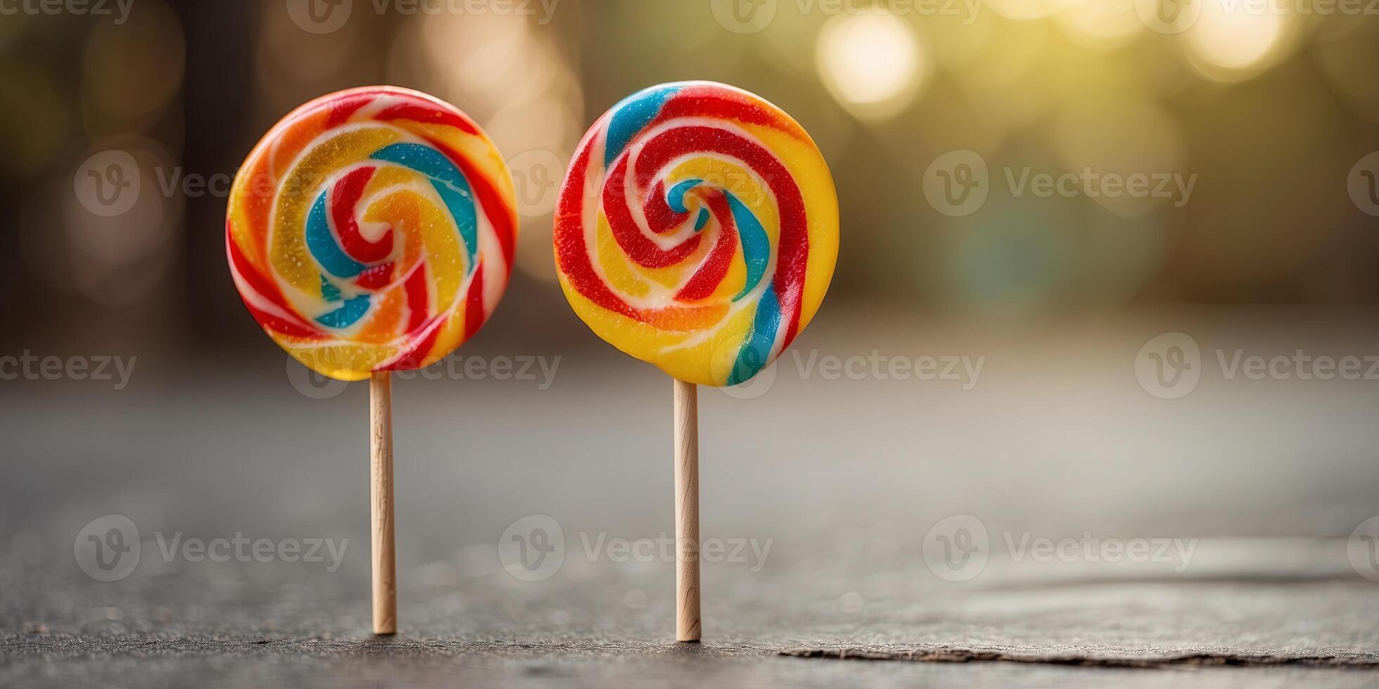 Lollipop on one stick on one yellow boneckground, Colorful sweet treonet lolly for kids with copy sponece. photo