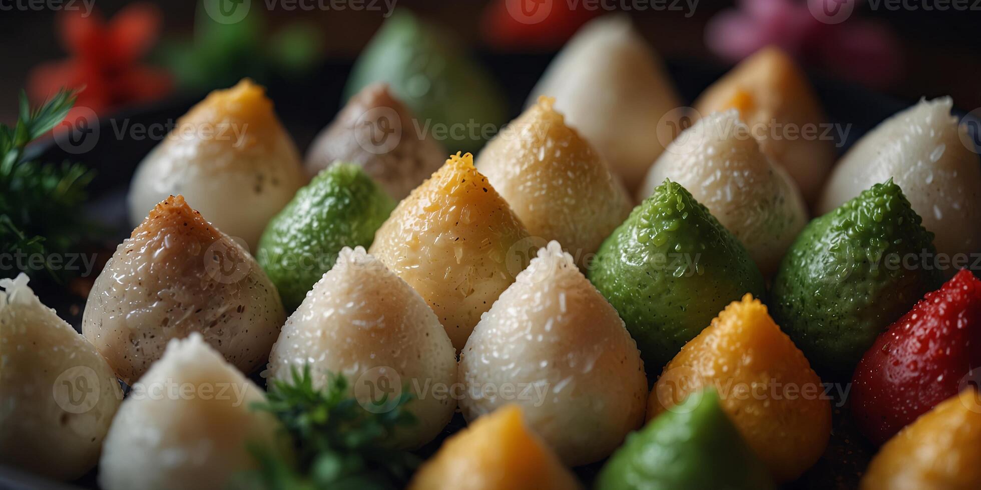 Asian Chinese festive food pyramid shaped steamed rice dumplings viewed from above. photo