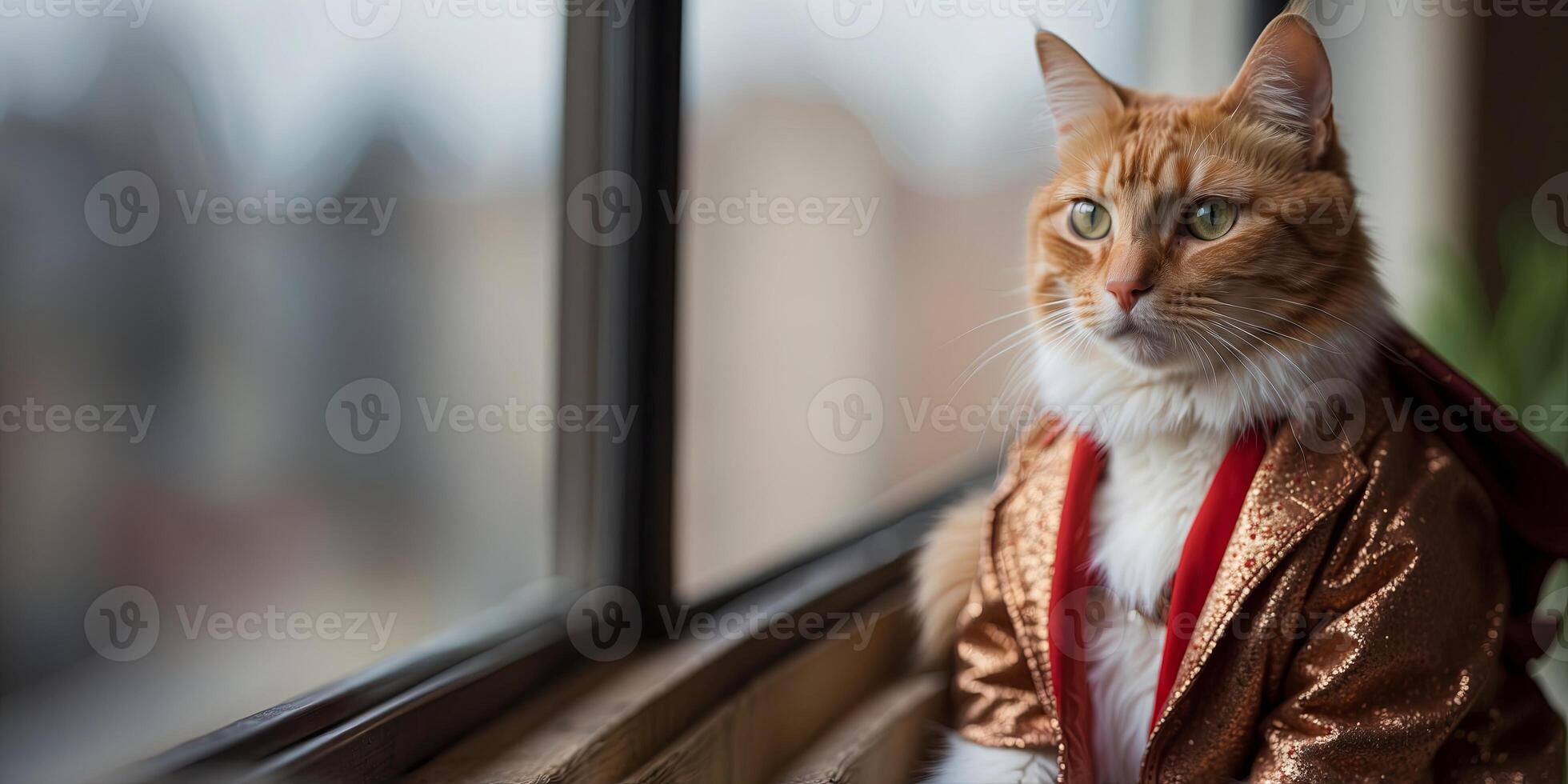 A cat wearing a fancy dress is looking out the window. photo