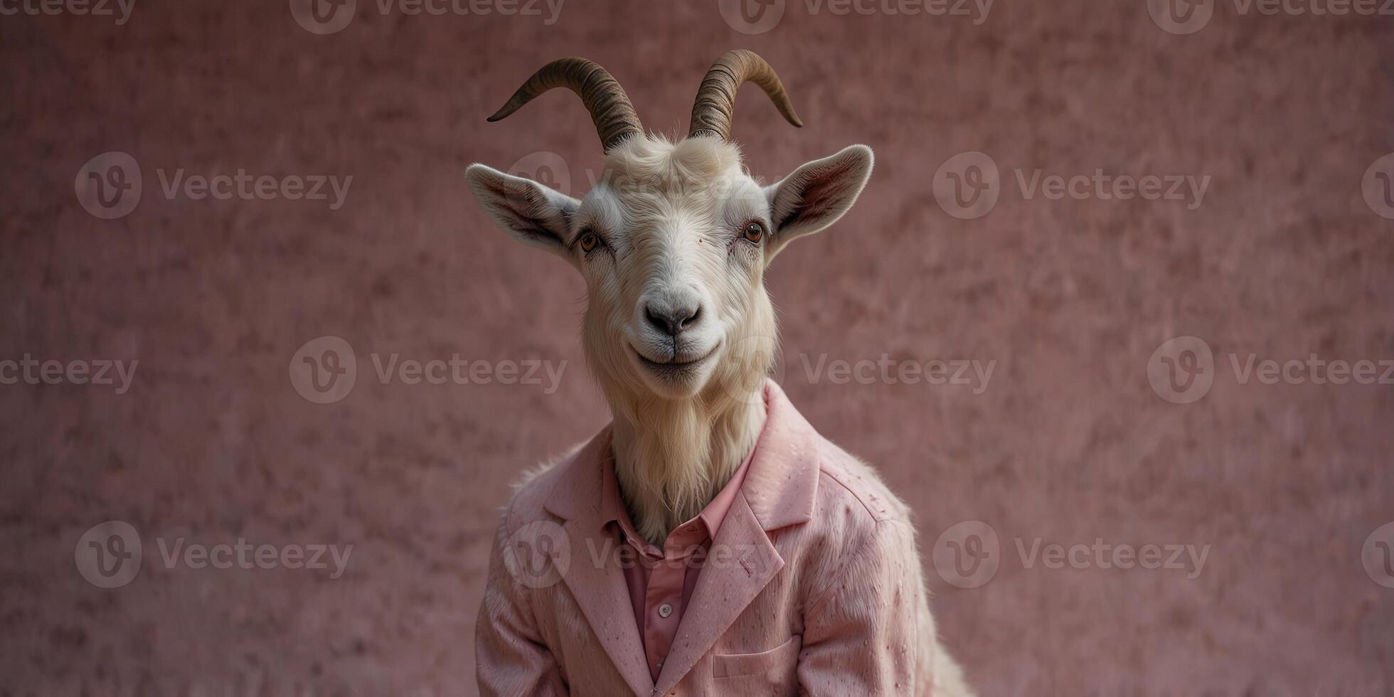 Goat in a Pink Suit Standing on Its Hind Legs. photo