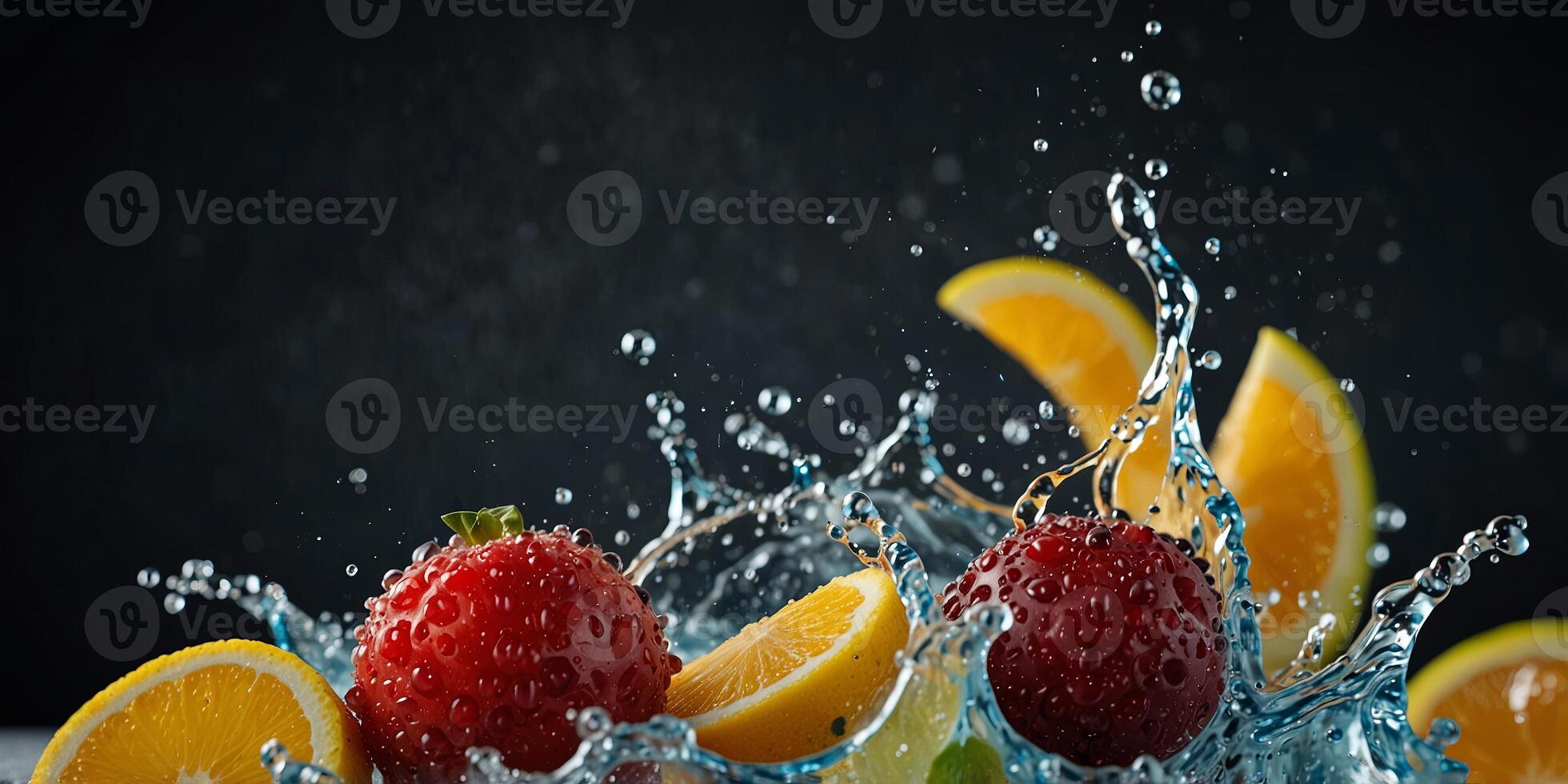 Cold soda can with splashing water and mixed fruits, refreshing beverage concept. photo